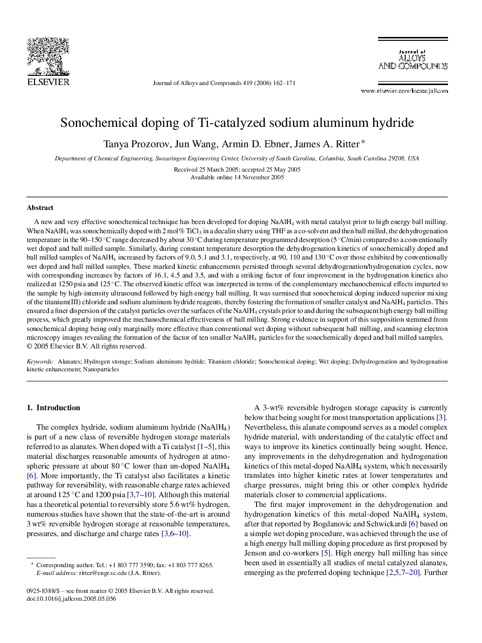 Sonochemical doping of Ti-catalyzed sodium aluminum hydride