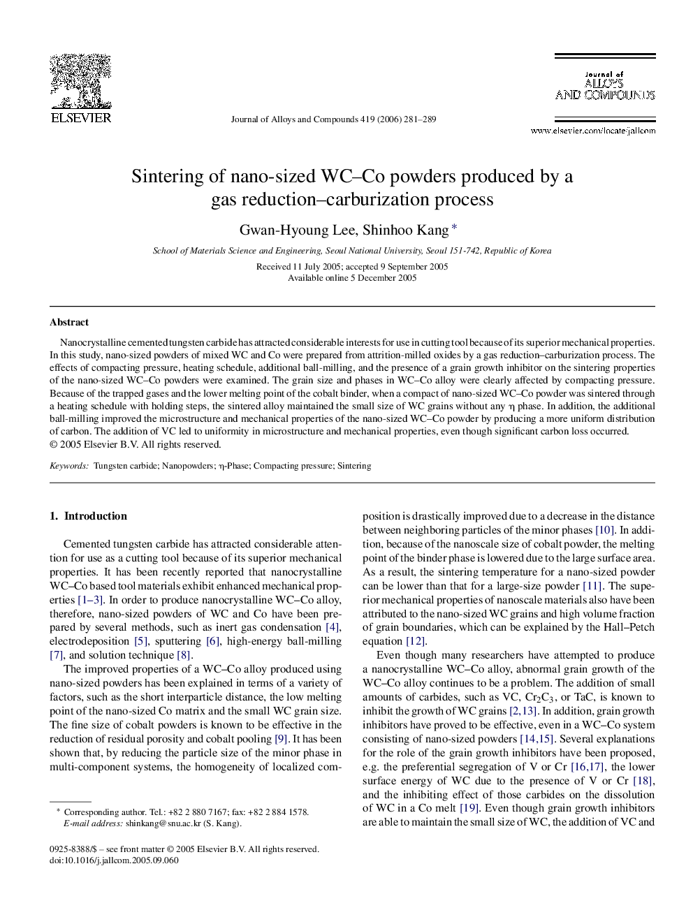 Sintering of nano-sized WC–Co powders produced by a gas reduction–carburization process