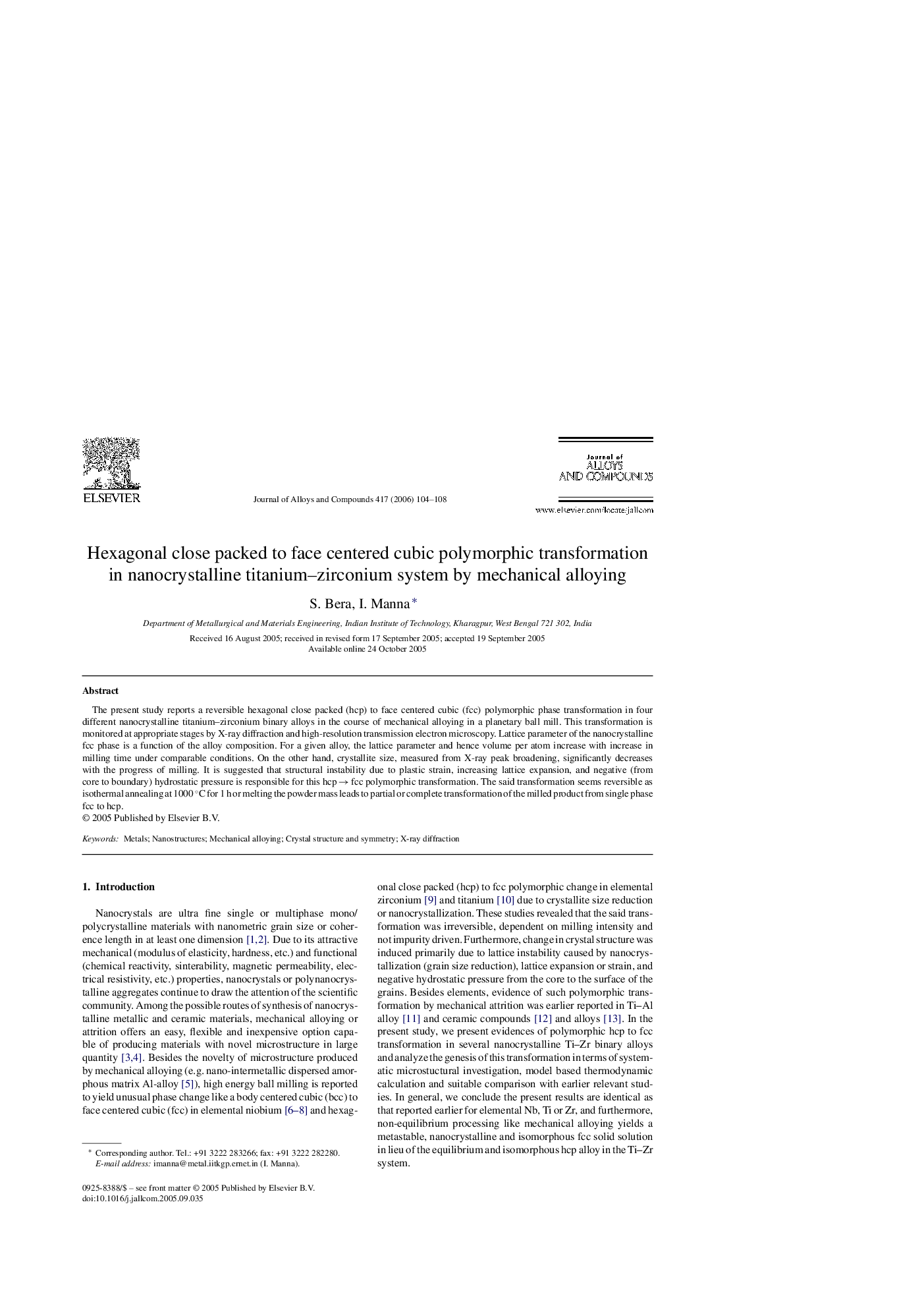 Hexagonal close packed to face centered cubic polymorphic transformation in nanocrystalline titanium–zirconium system by mechanical alloying