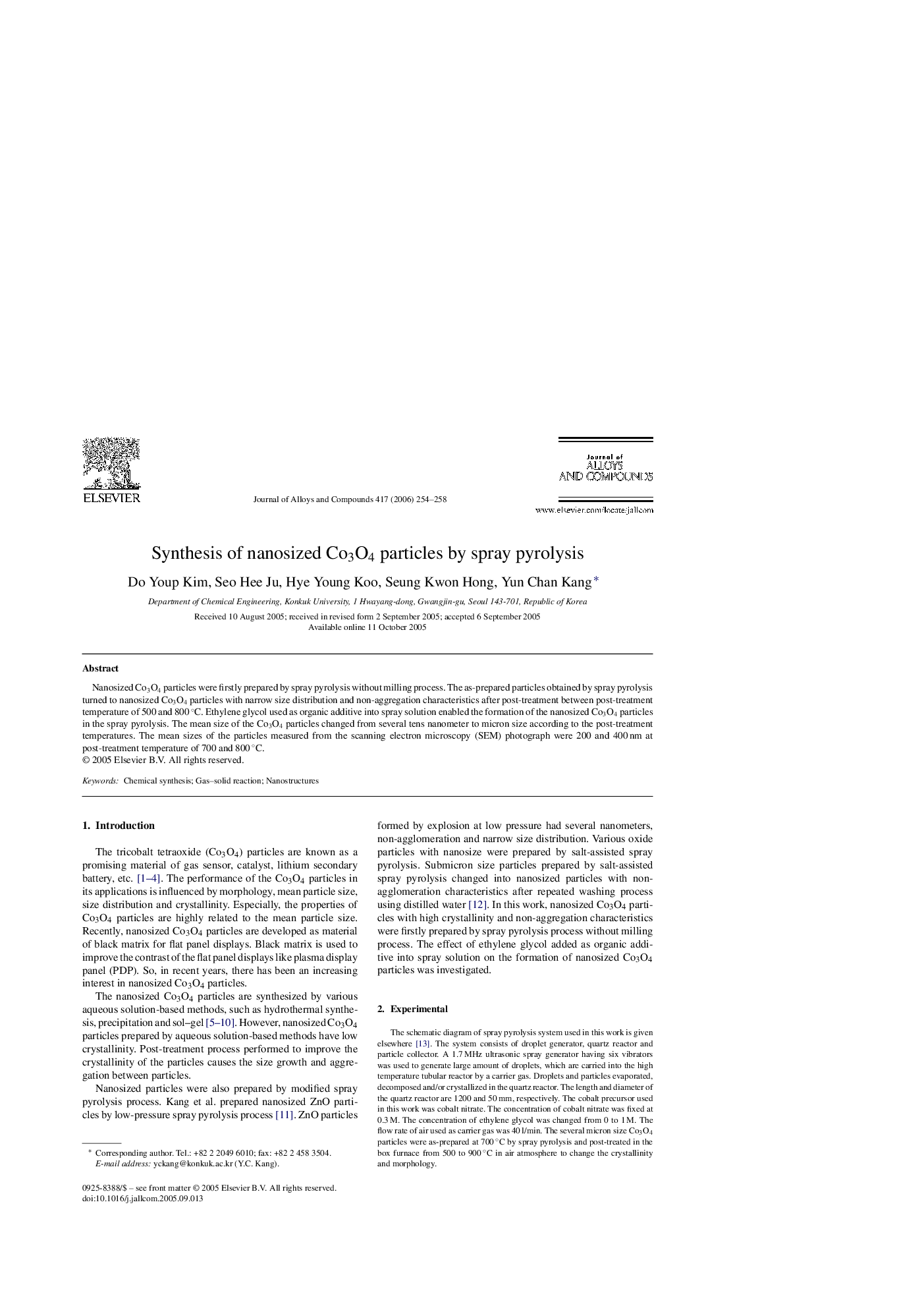 Synthesis of nanosized Co3O4 particles by spray pyrolysis