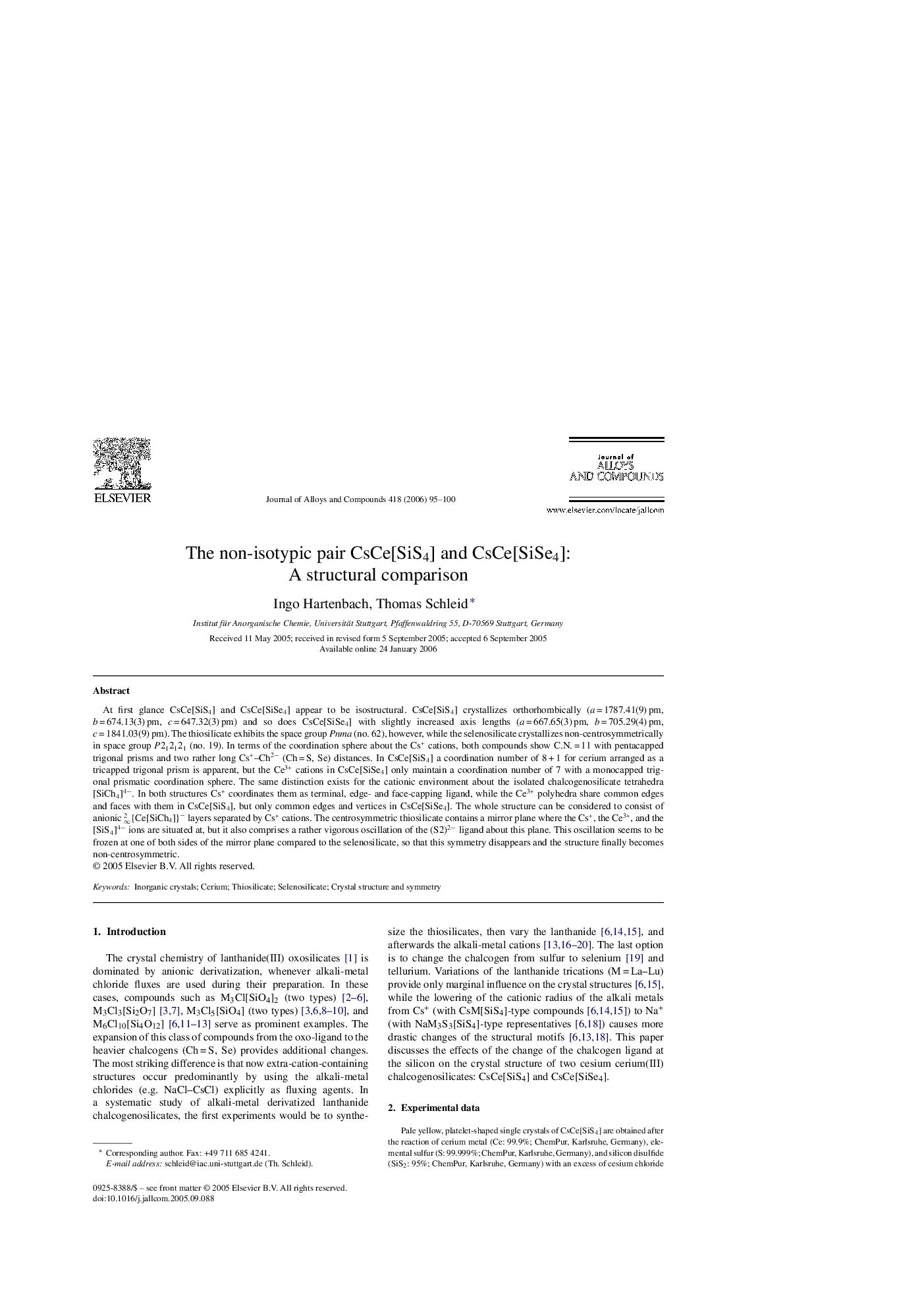 The non-isotypic pair CsCe[SiS4] and CsCe[SiSe4]: A structural comparison