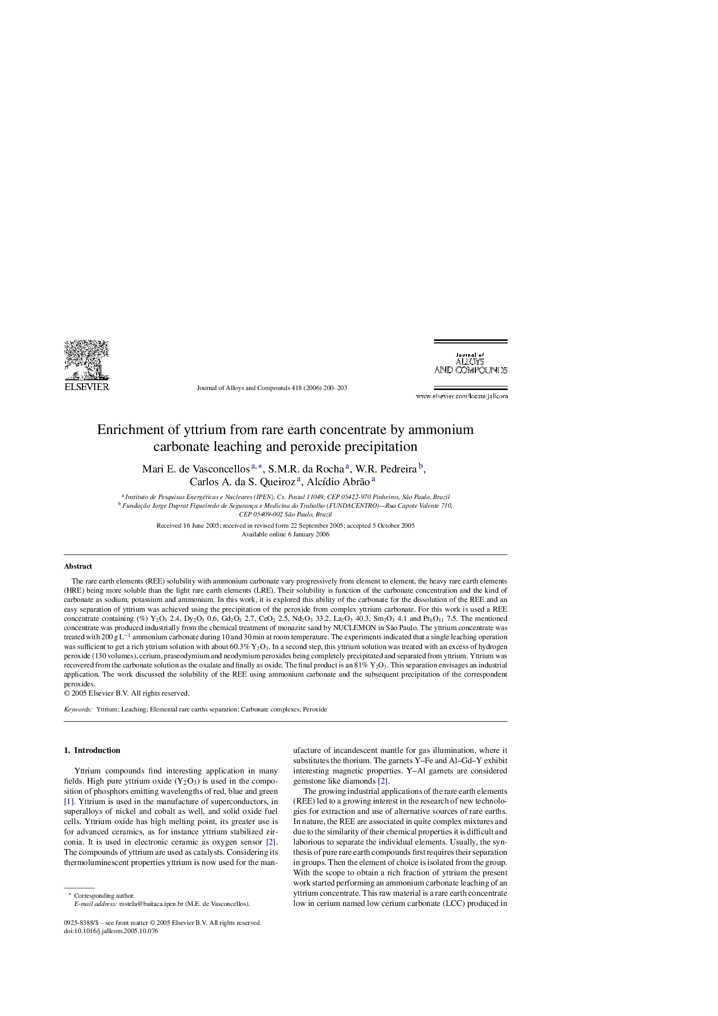 Enrichment of yttrium from rare earth concentrate by ammonium carbonate leaching and peroxide precipitation