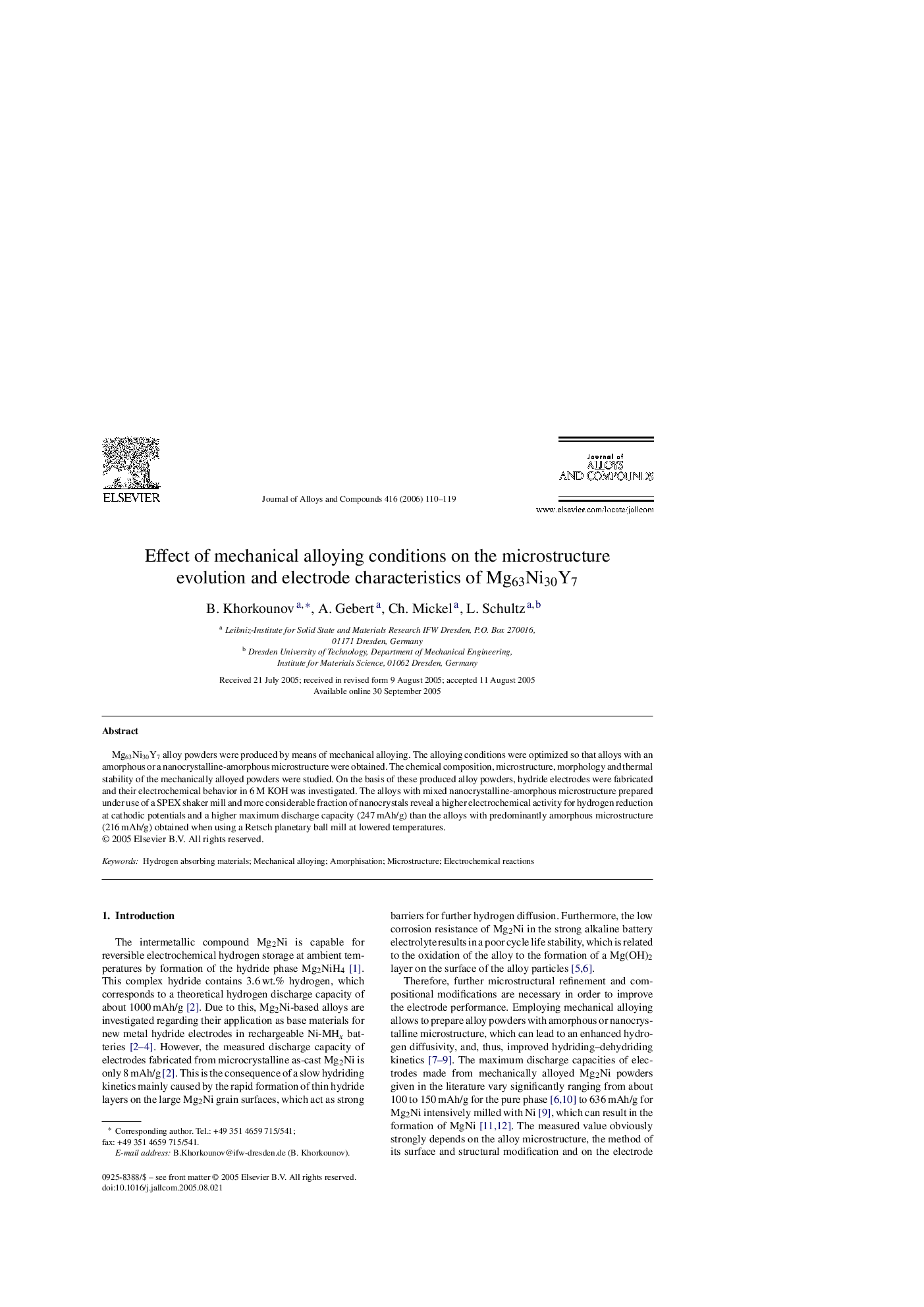 Effect of mechanical alloying conditions on the microstructure evolution and electrode characteristics of Mg63Ni30Y7