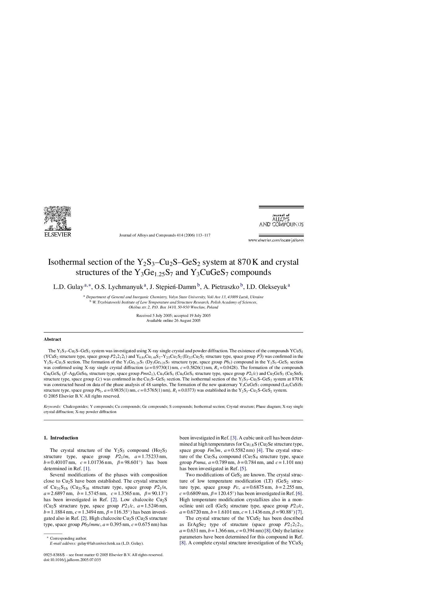 Isothermal section of the Y2S3-Cu2S-GeS2 system at 870Â K and crystal structures of the Y3Ge1.25S7 and Y3CuGeS7 compounds