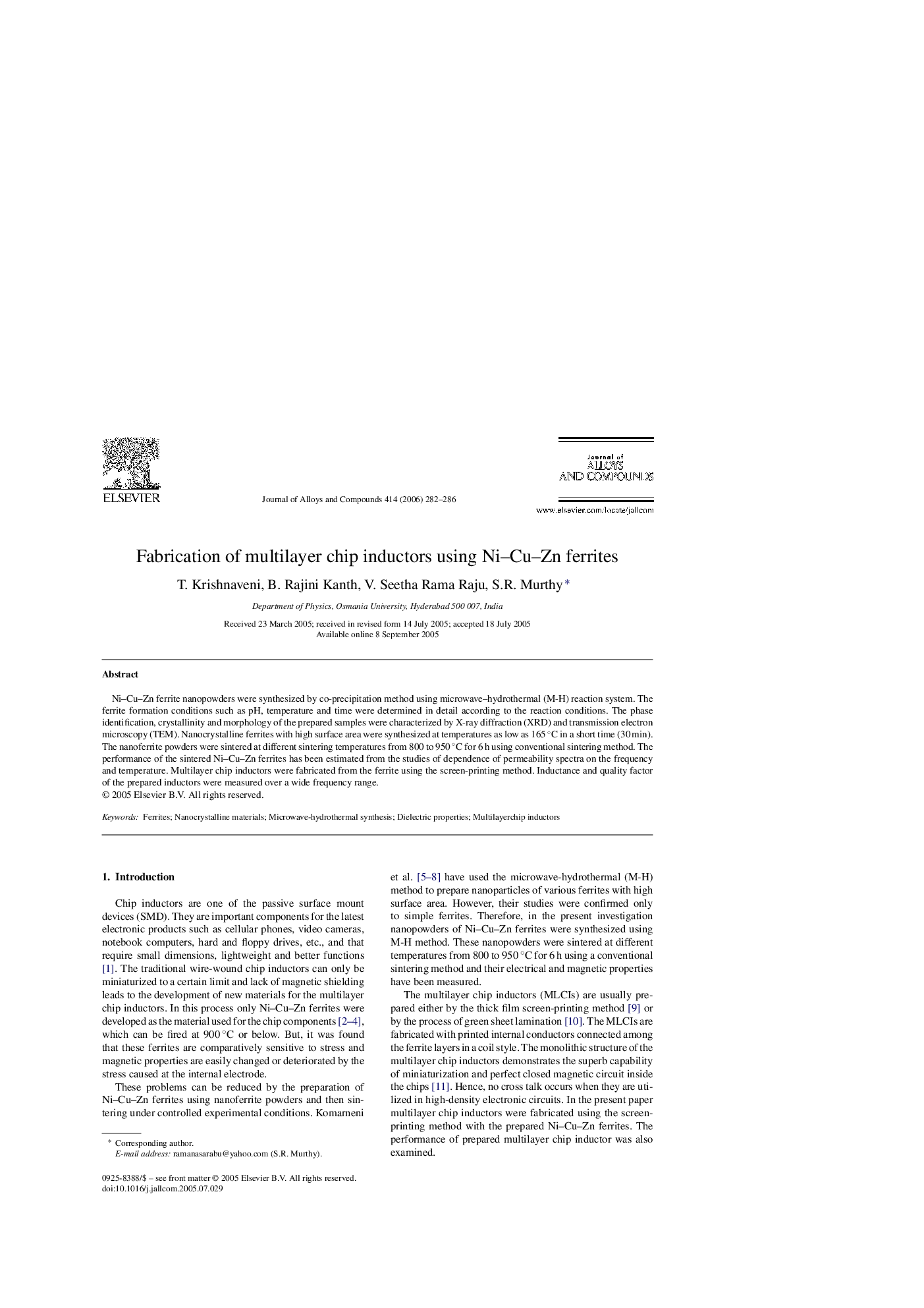 Fabrication of multilayer chip inductors using Ni–Cu–Zn ferrites