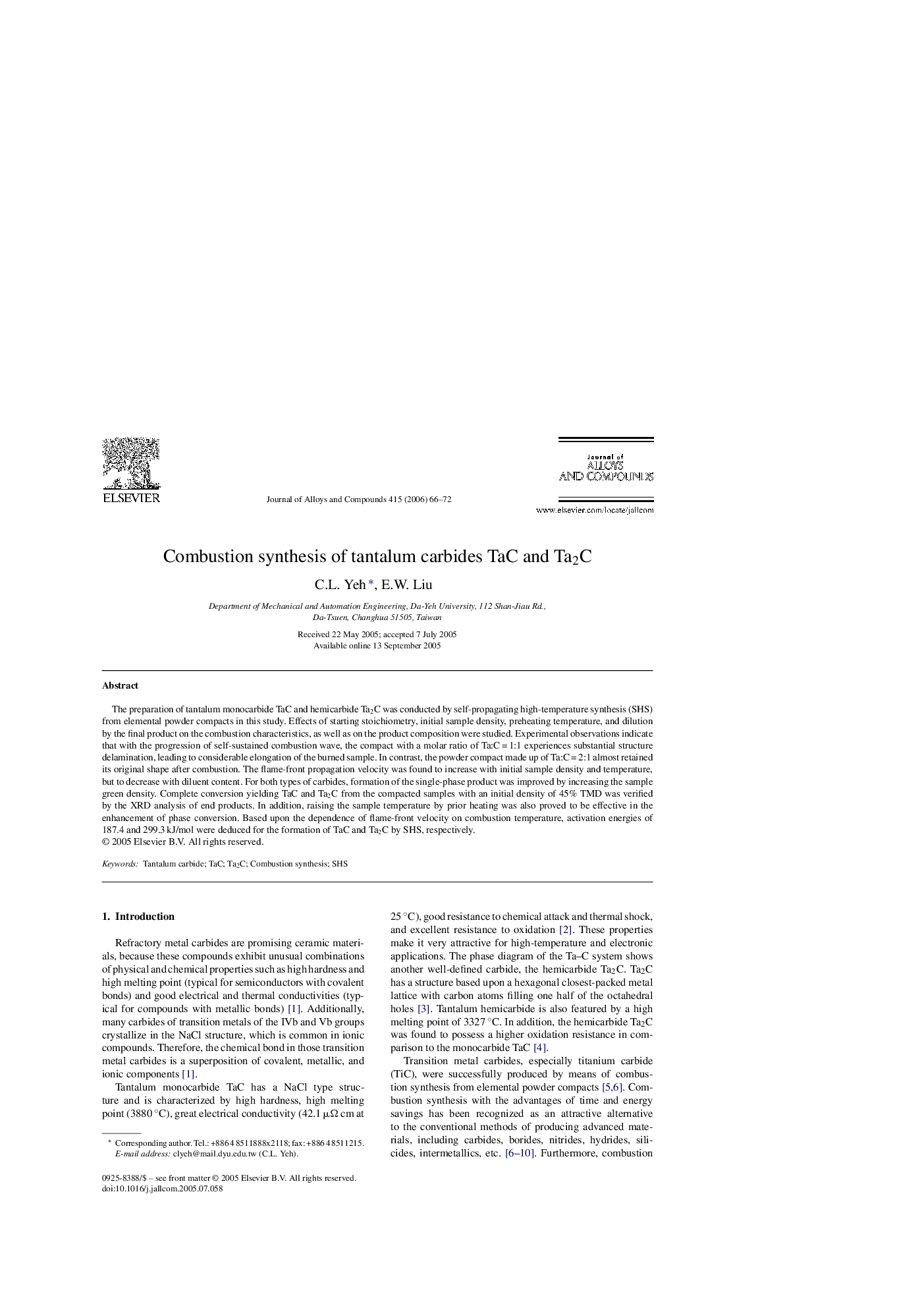 Combustion synthesis of tantalum carbides TaC and Ta2C