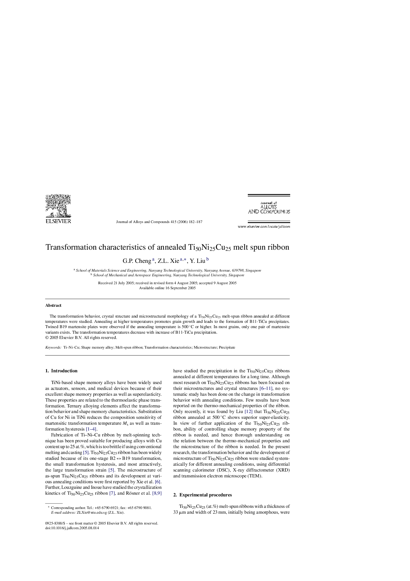 Transformation characteristics of annealed Ti50Ni25Cu25 melt spun ribbon