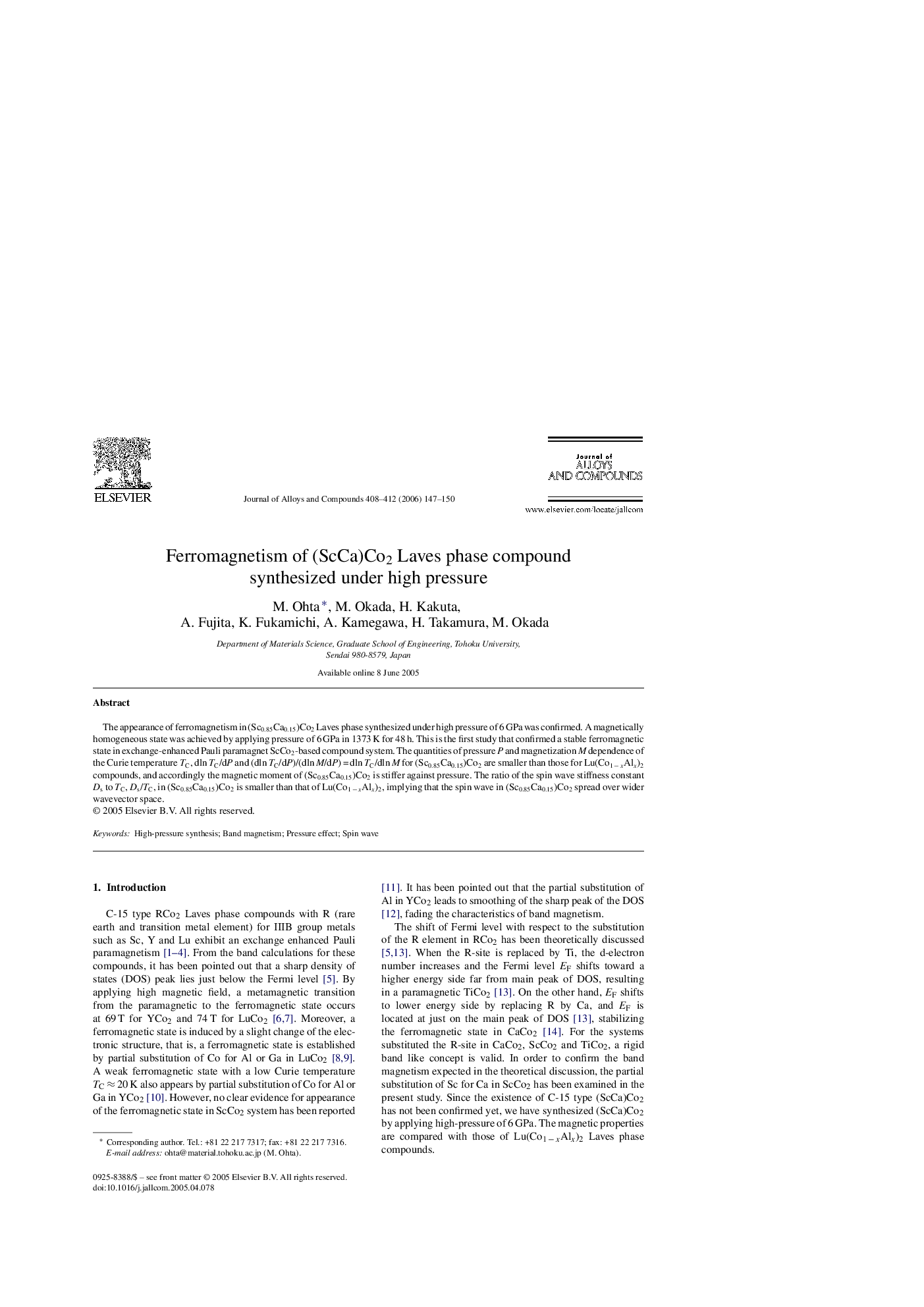 Ferromagnetism of (ScCa)Co2 Laves phase compound synthesized under high pressure