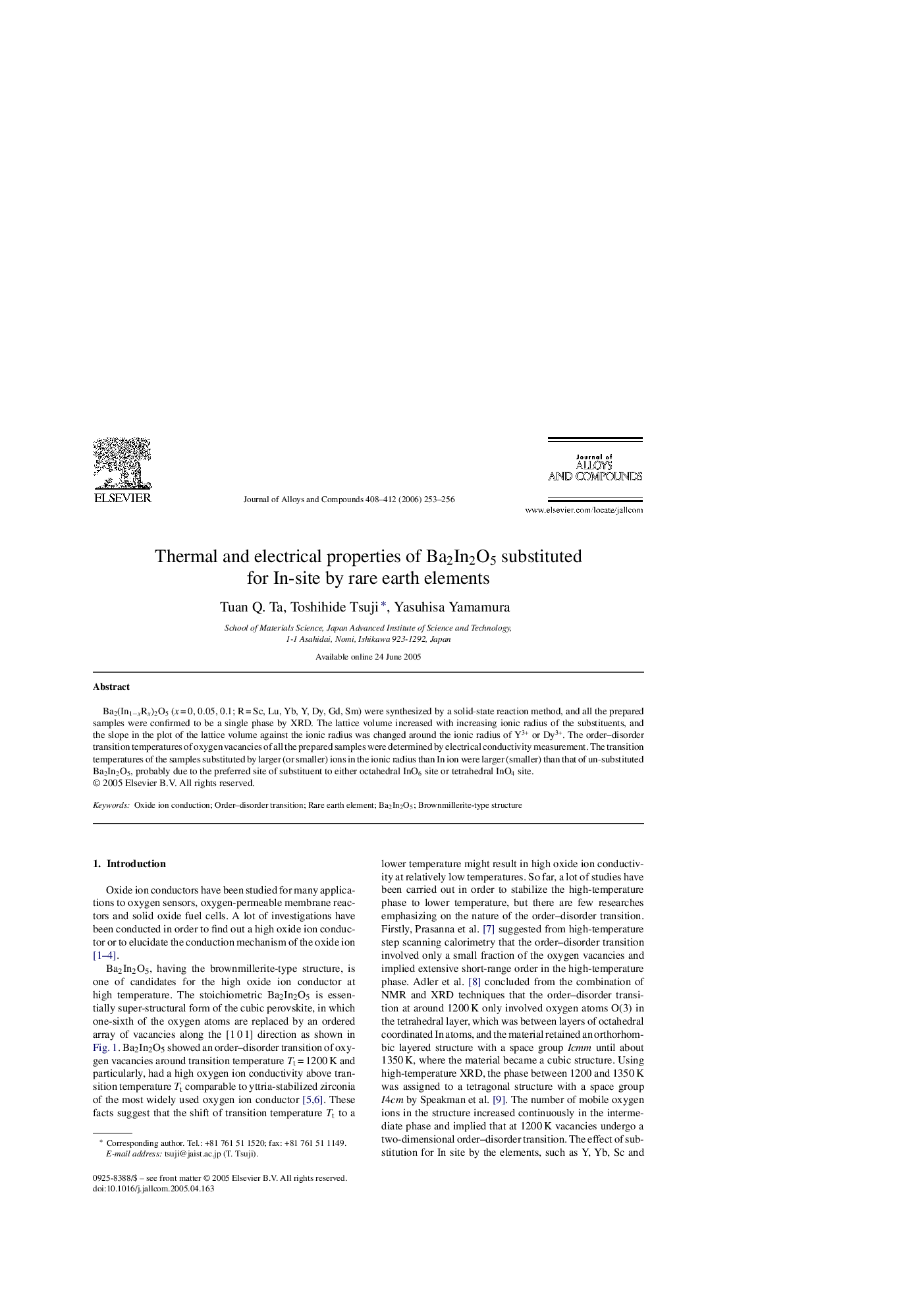 Thermal and electrical properties of Ba2In2O5 substituted for In-site by rare earth elements