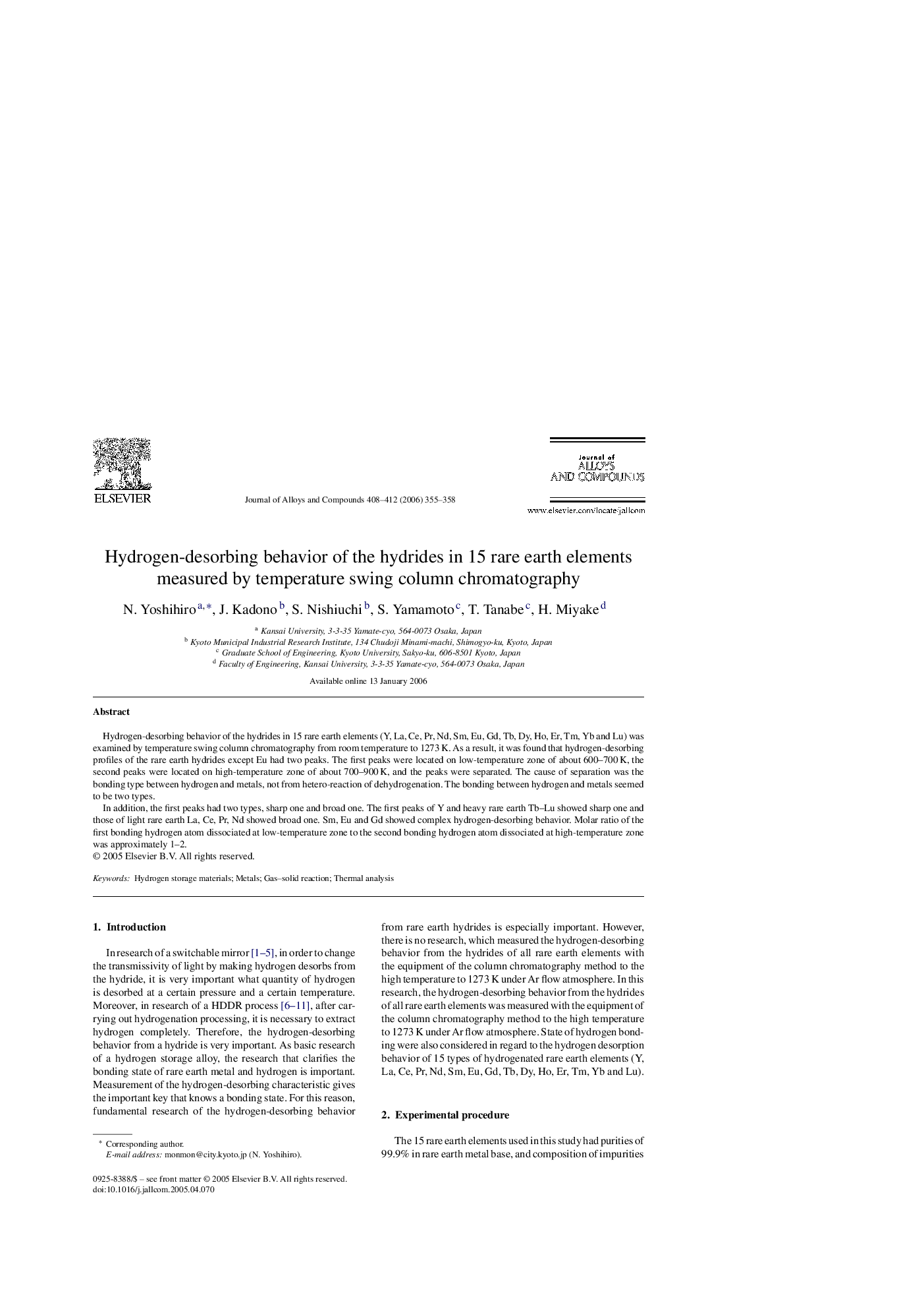 Hydrogen-desorbing behavior of the hydrides in 15 rare earth elements measured by temperature swing column chromatography