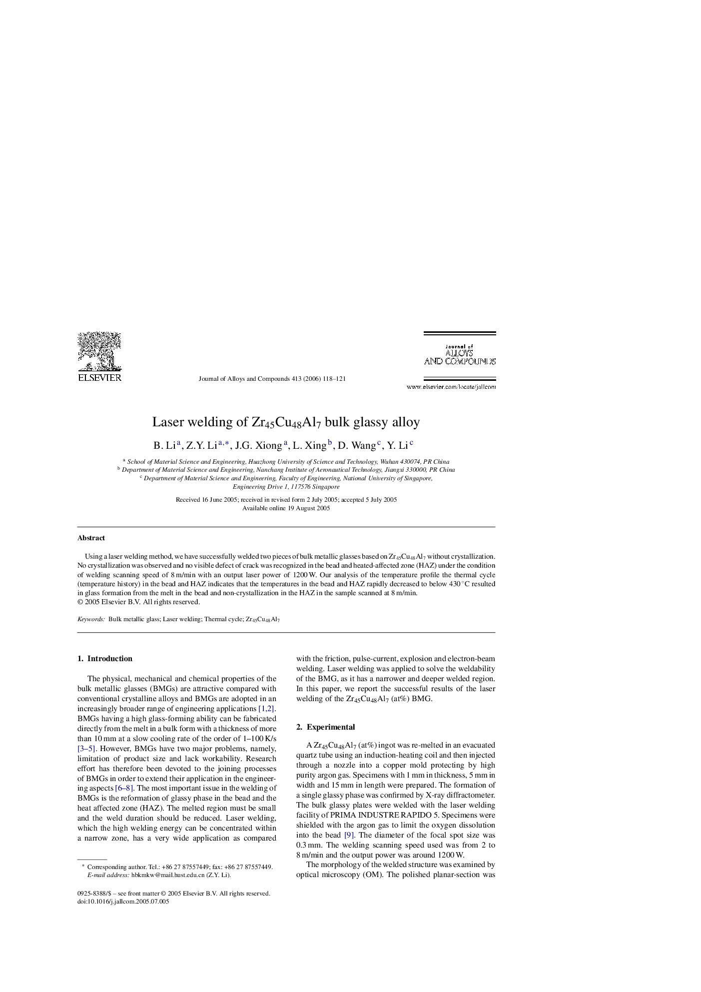 Laser welding of Zr45Cu48Al7 bulk glassy alloy