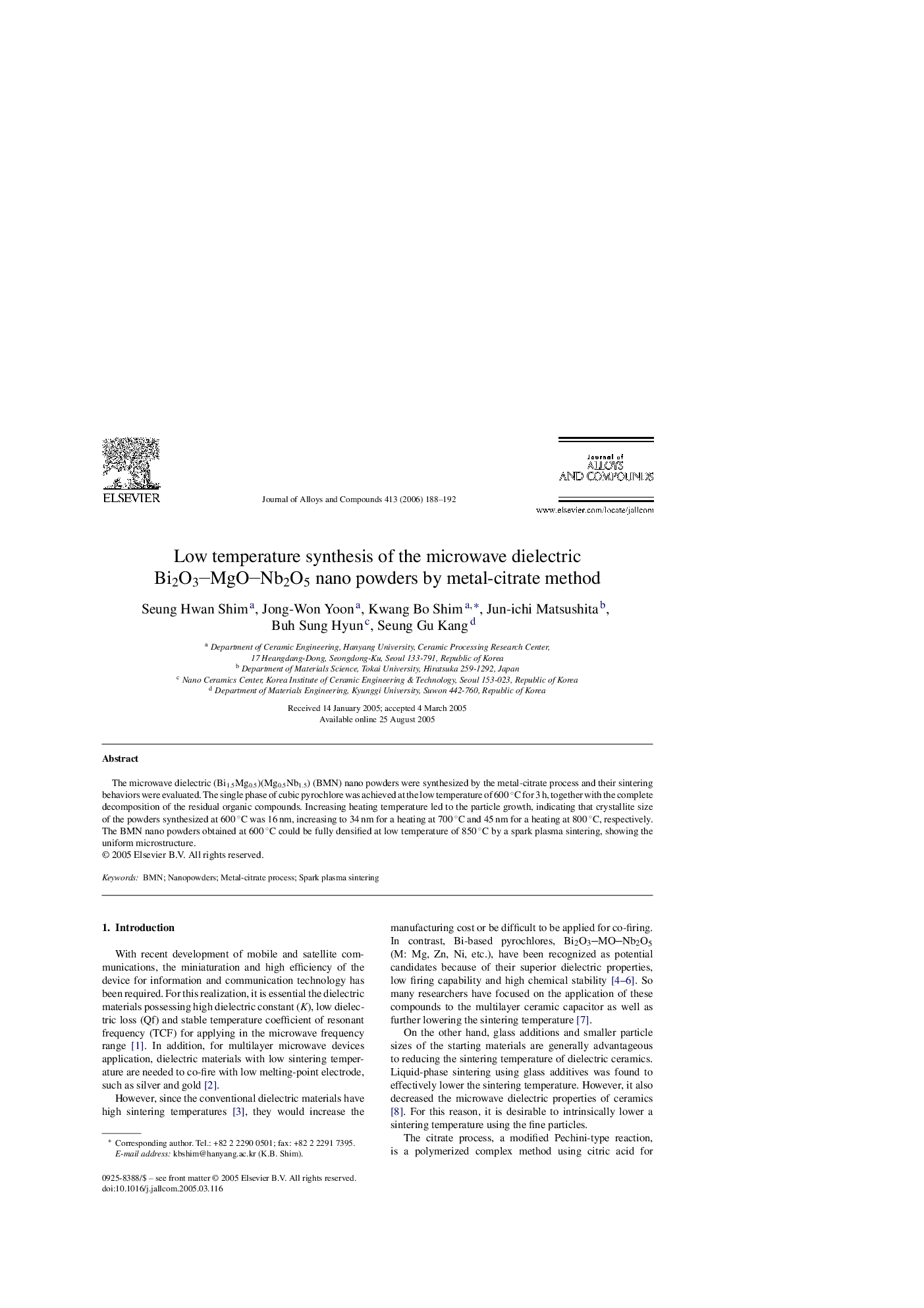 Low temperature synthesis of the microwave dielectric Bi2O3MgONb2O5 nano powders by metal-citrate method