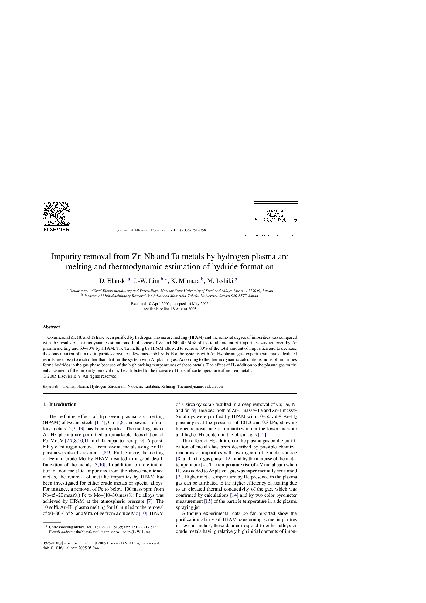 Impurity removal from Zr, Nb and Ta metals by hydrogen plasma arc melting and thermodynamic estimation of hydride formation