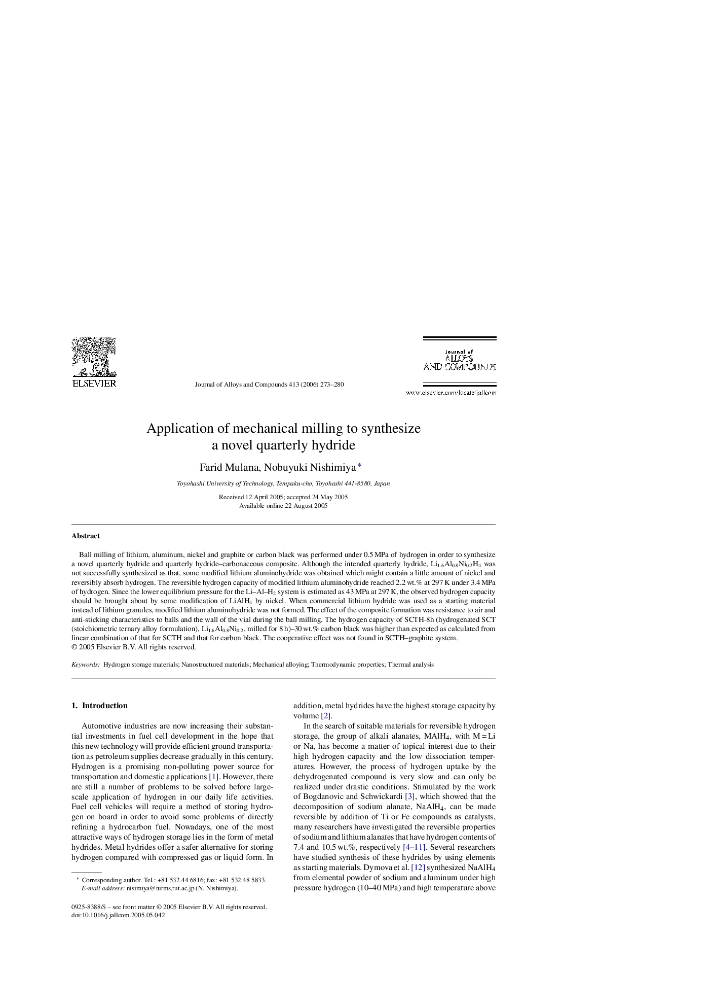 Application of mechanical milling to synthesize a novel quarterly hydride