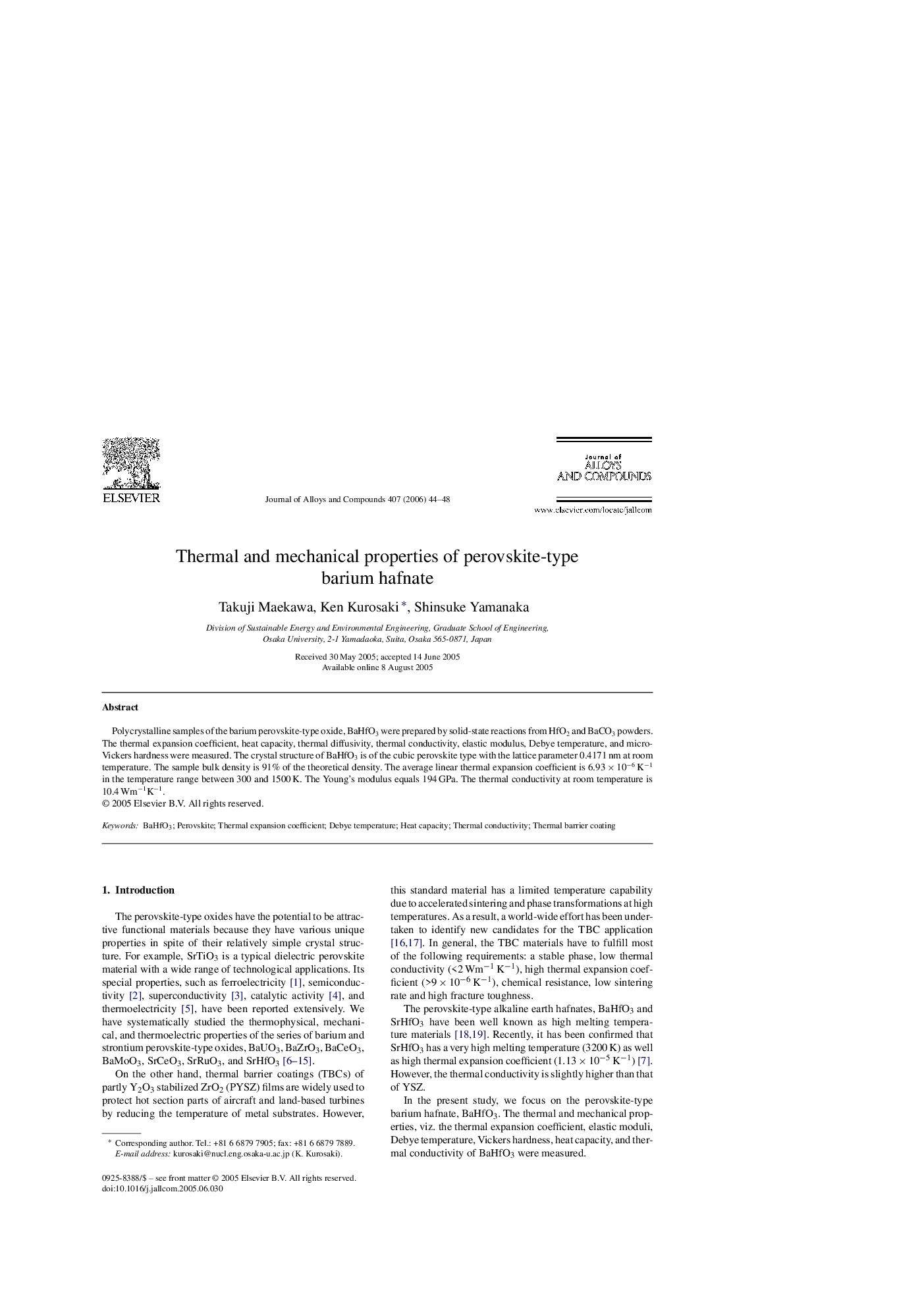 Thermal and mechanical properties of perovskite-type barium hafnate