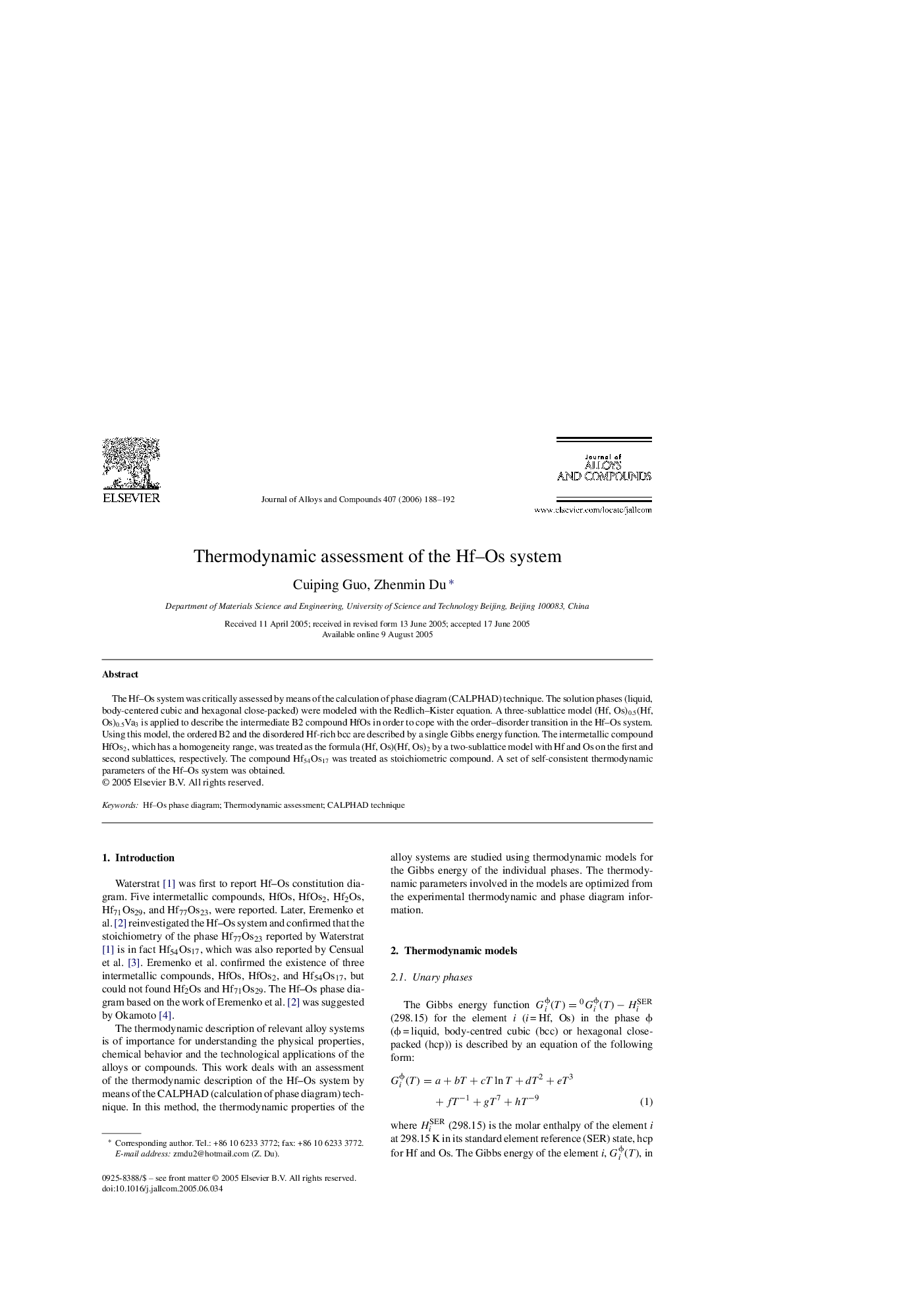 Thermodynamic assessment of the Hf-Os system