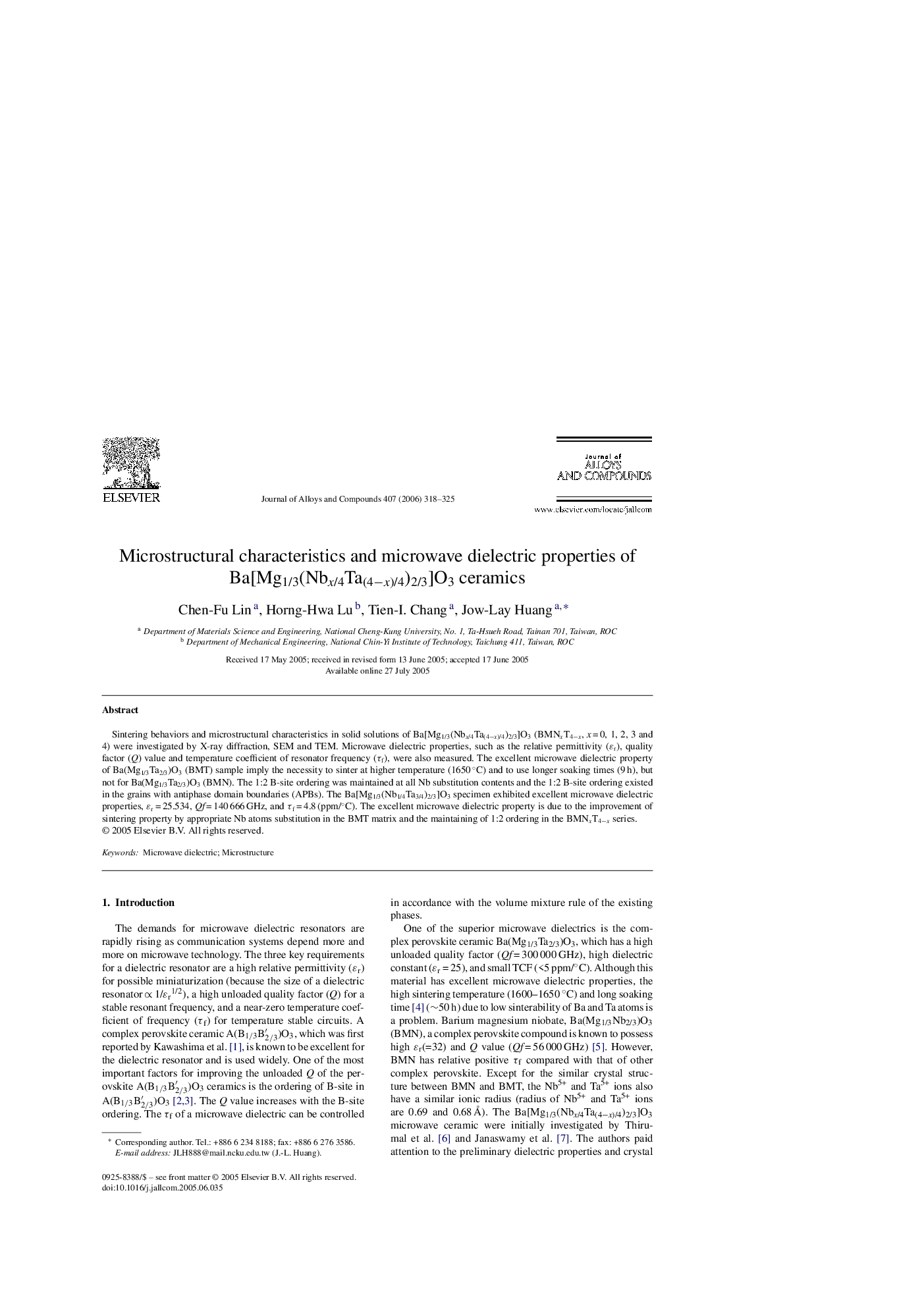 Microstructural characteristics and microwave dielectric properties of Ba[Mg1/3(Nbx/4Ta(4âx)/4)2/3]O3 ceramics