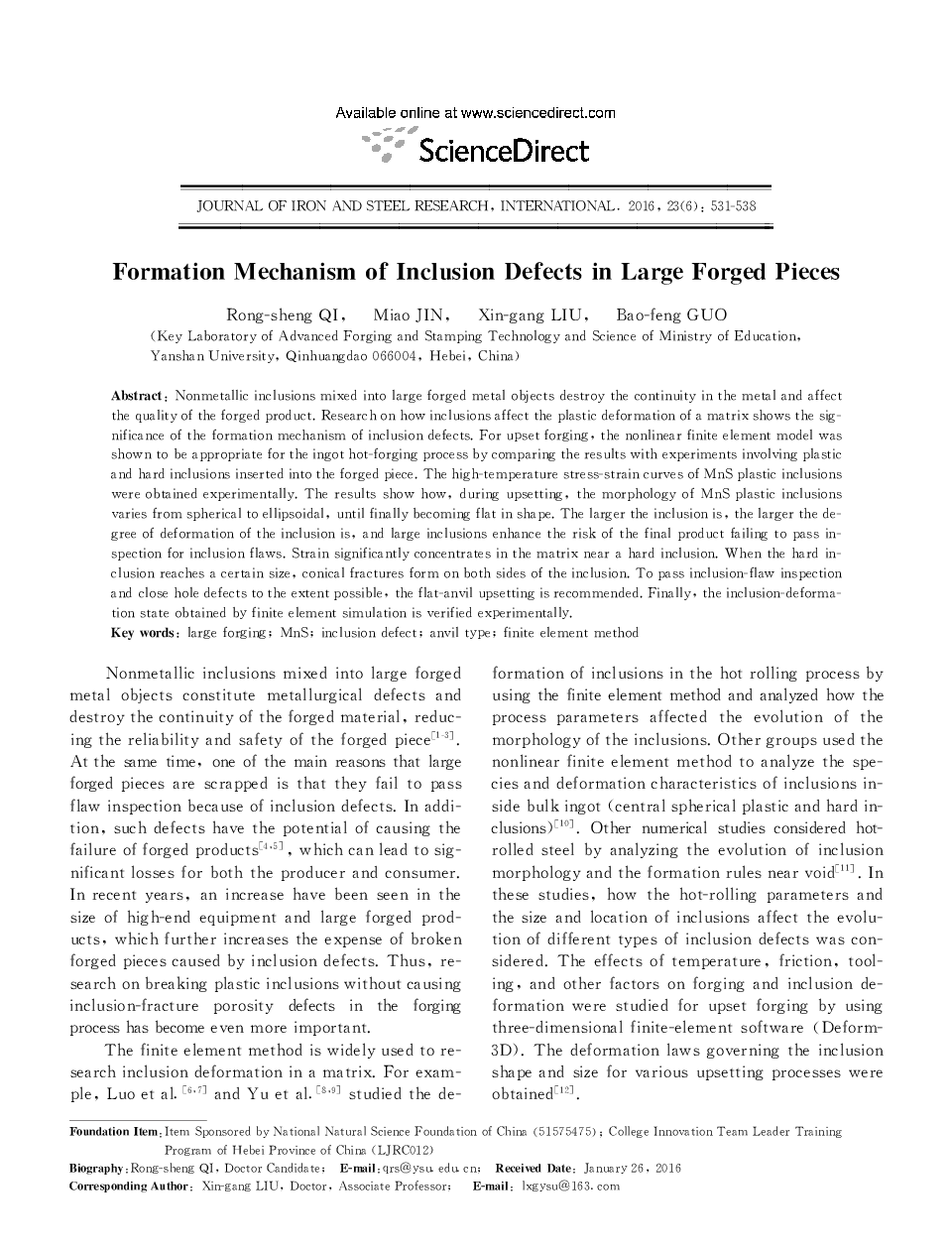 Formation Mechanism of Inclusion Defects in Large Forged Pieces