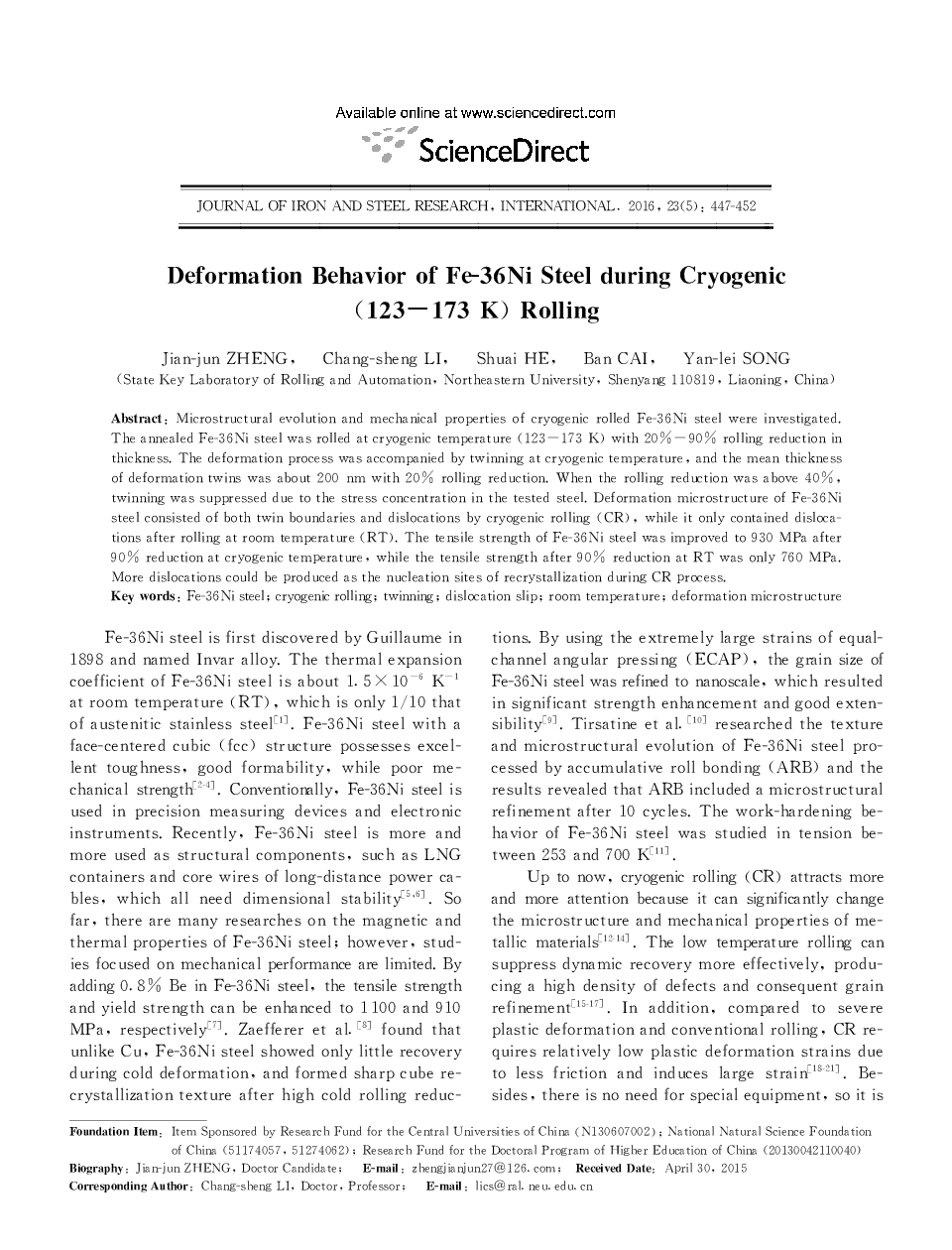 Deformation Behavior of Fe-36Ni Steel during Cryogenic (123–173 K) Rolling 