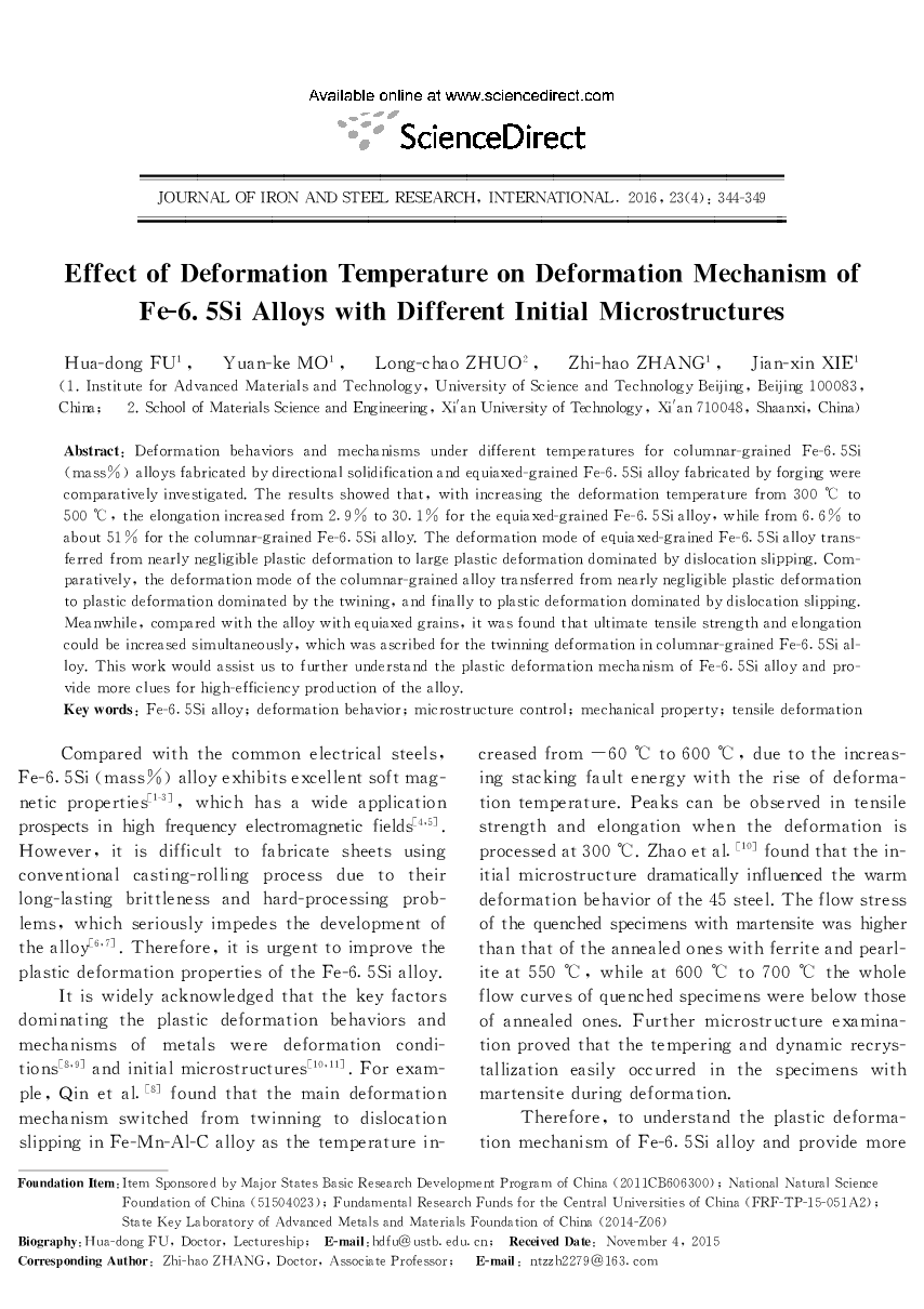 Effect of Deformation Temperature on Deformation Mechanism of Fe-6. 5Si Alloys with Different Initial Microstructures