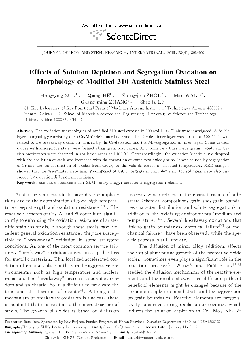 Effects of Solution Depletion and Segregation Oxidation on Morphology of Modified 310 Austenitic Stainless Steel 