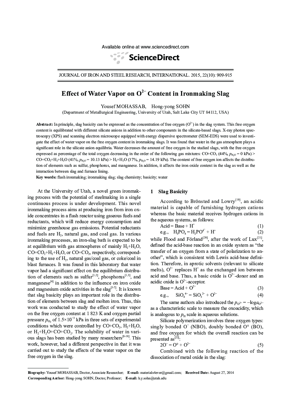 Effect of Water Vapor on O2− Content in Ironmaking Slag