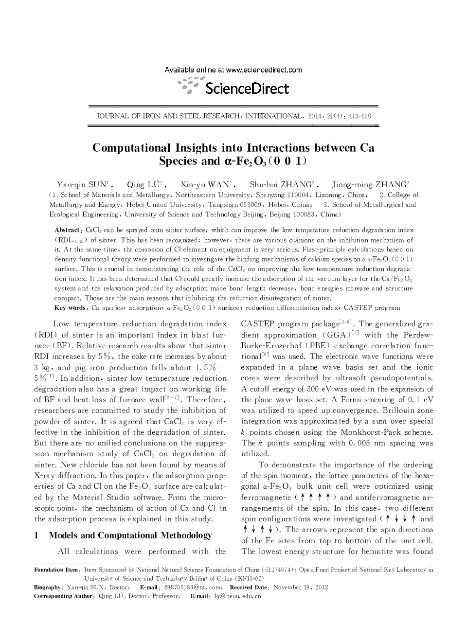 Computational Insights into Interactions between Ca Species and α-Fe2O3 (0 0 1) 