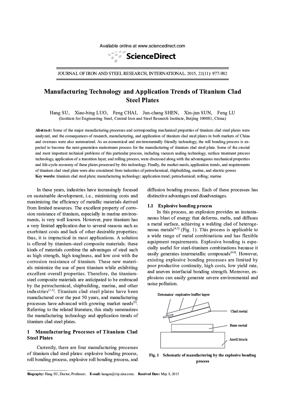 Manufacturing Technology and Application Trends of Titanium Clad Steel Plates