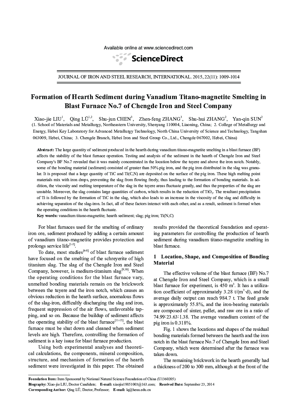 Formation of Hearth Sediment during Vanadium Titano-magnetite Smelting in Blast Furnace No.7 of Chengde Iron and Steel Company 