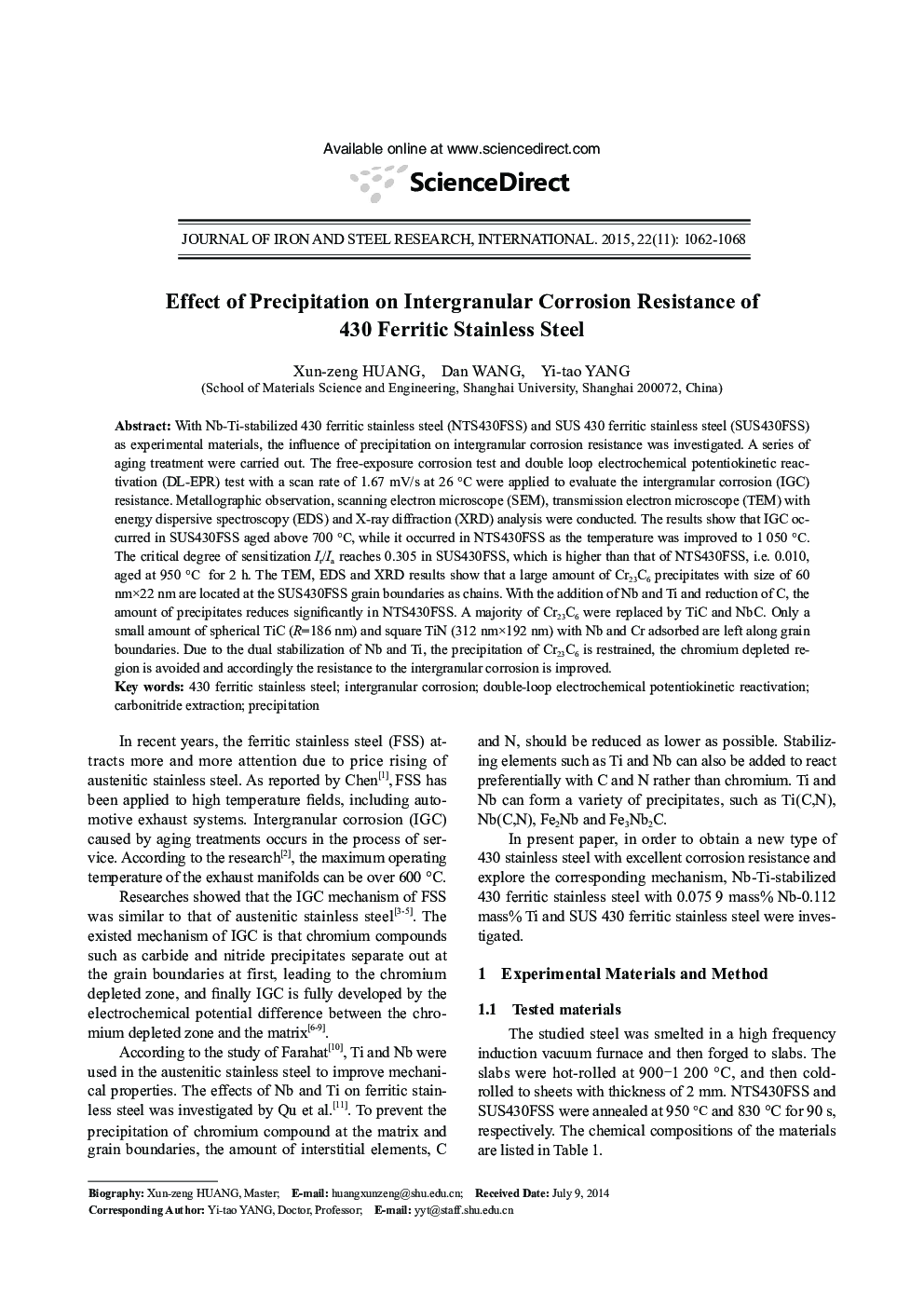 Effect of Precipitation on Intergranular Corrosion Resistance of 430 Ferritic Stainless Steel