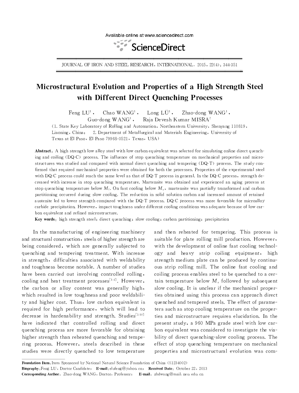 Microstructural Evolution and Properties of a High Strength Steel with Different Direct Quenching Processes 