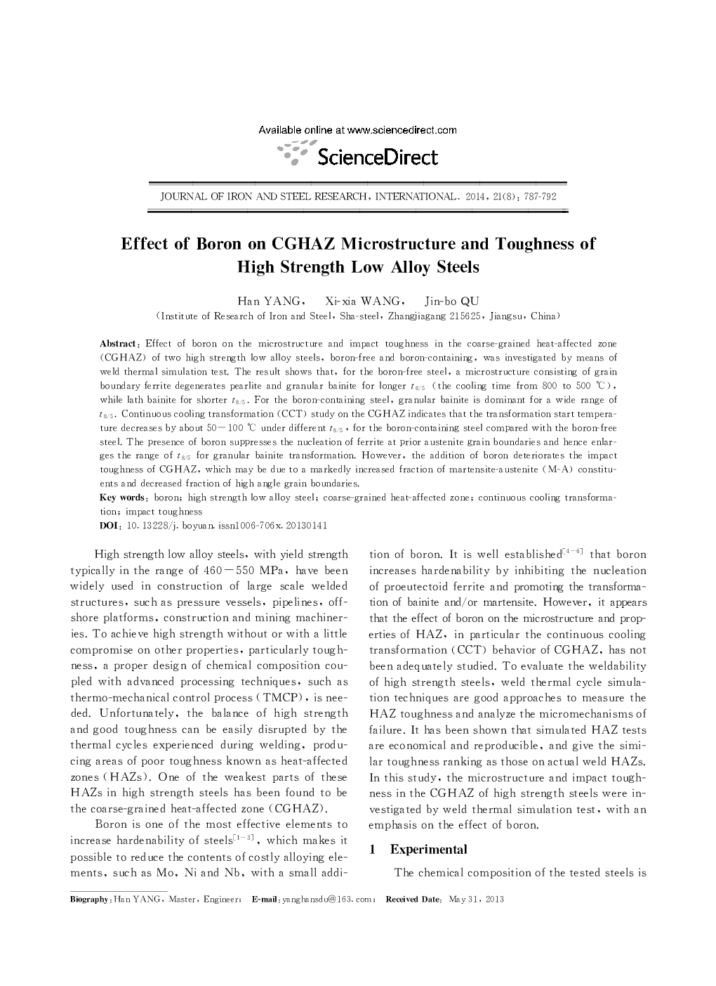 Effect of Boron on CGHAZ Microstructure and Toughness of High Strength Low Alloy Steels