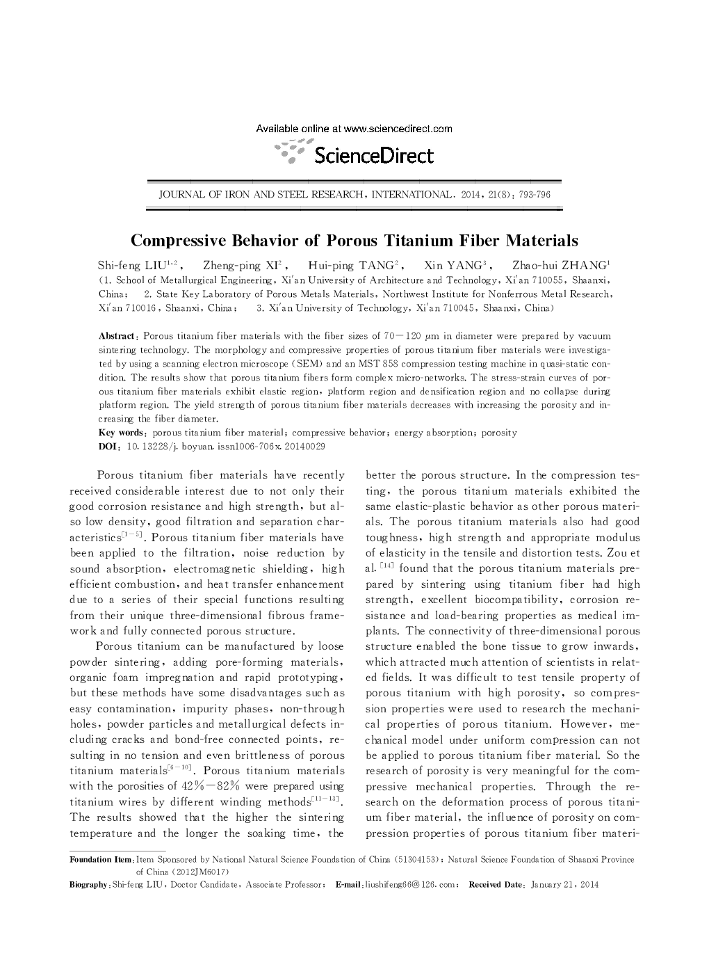 Compressive Behavior of Porous Titanium Fiber Materials 