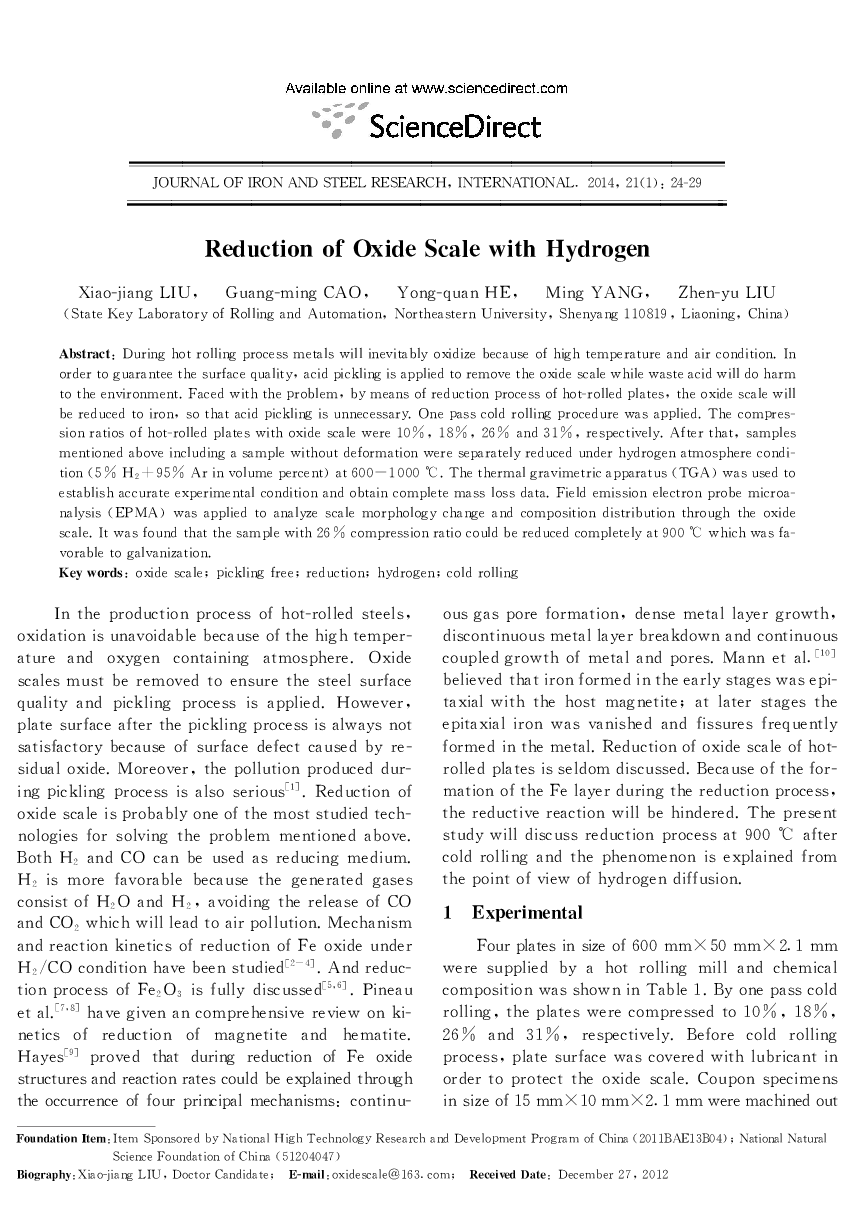 Reduction of Oxide Scale with Hydrogen 