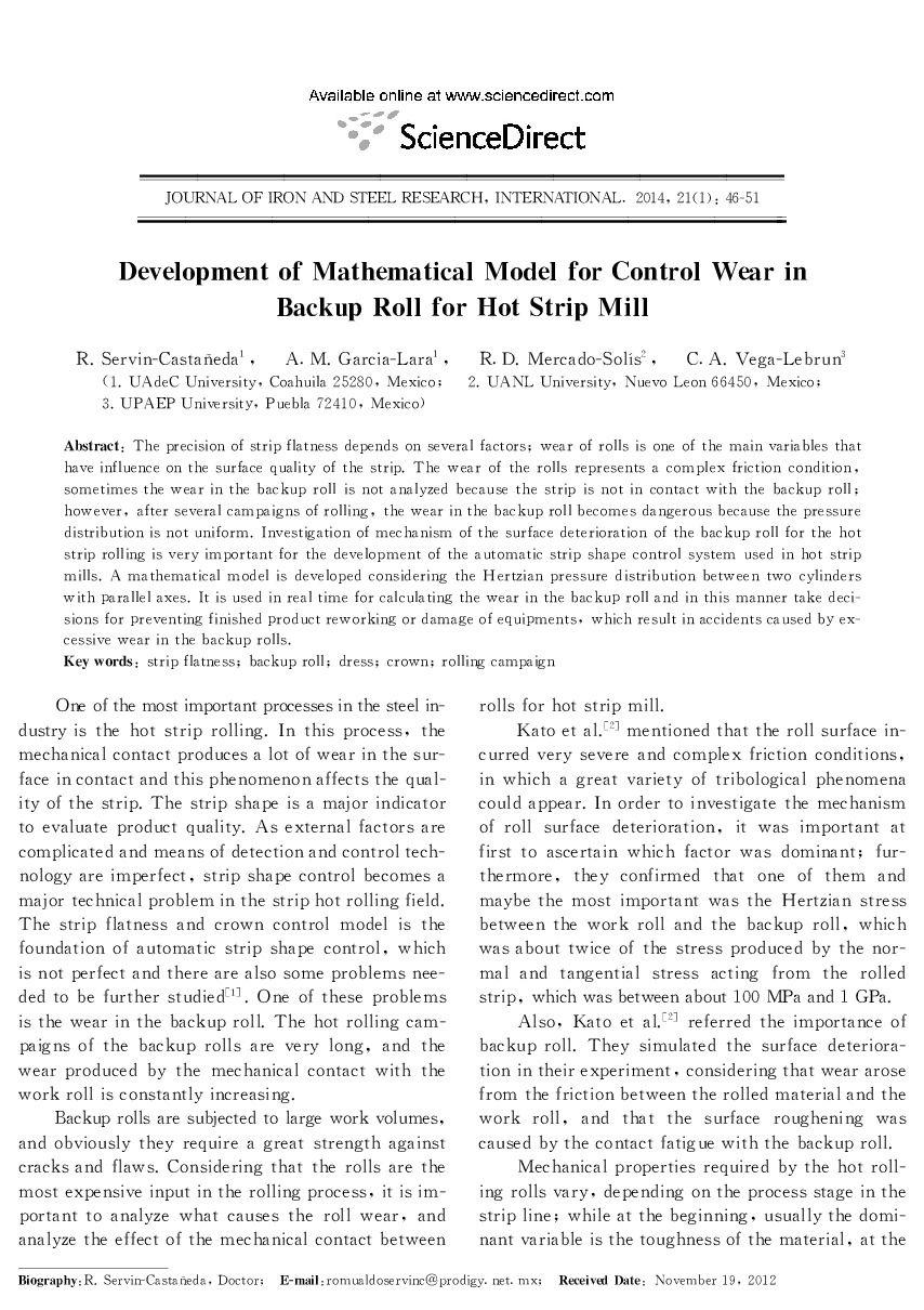 Development of Mathematical Model for Control Wear in Backup Roll for Hot Strip Mill