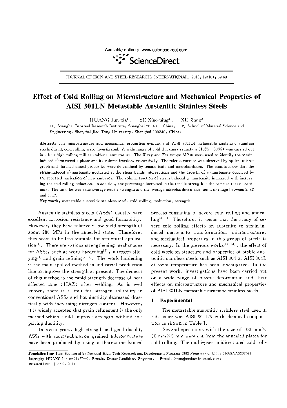 Effect of Cold Rolling on Microstructure and Mechanical Properties of AISI 301LN Metastable Austenitic Stainless Steels 