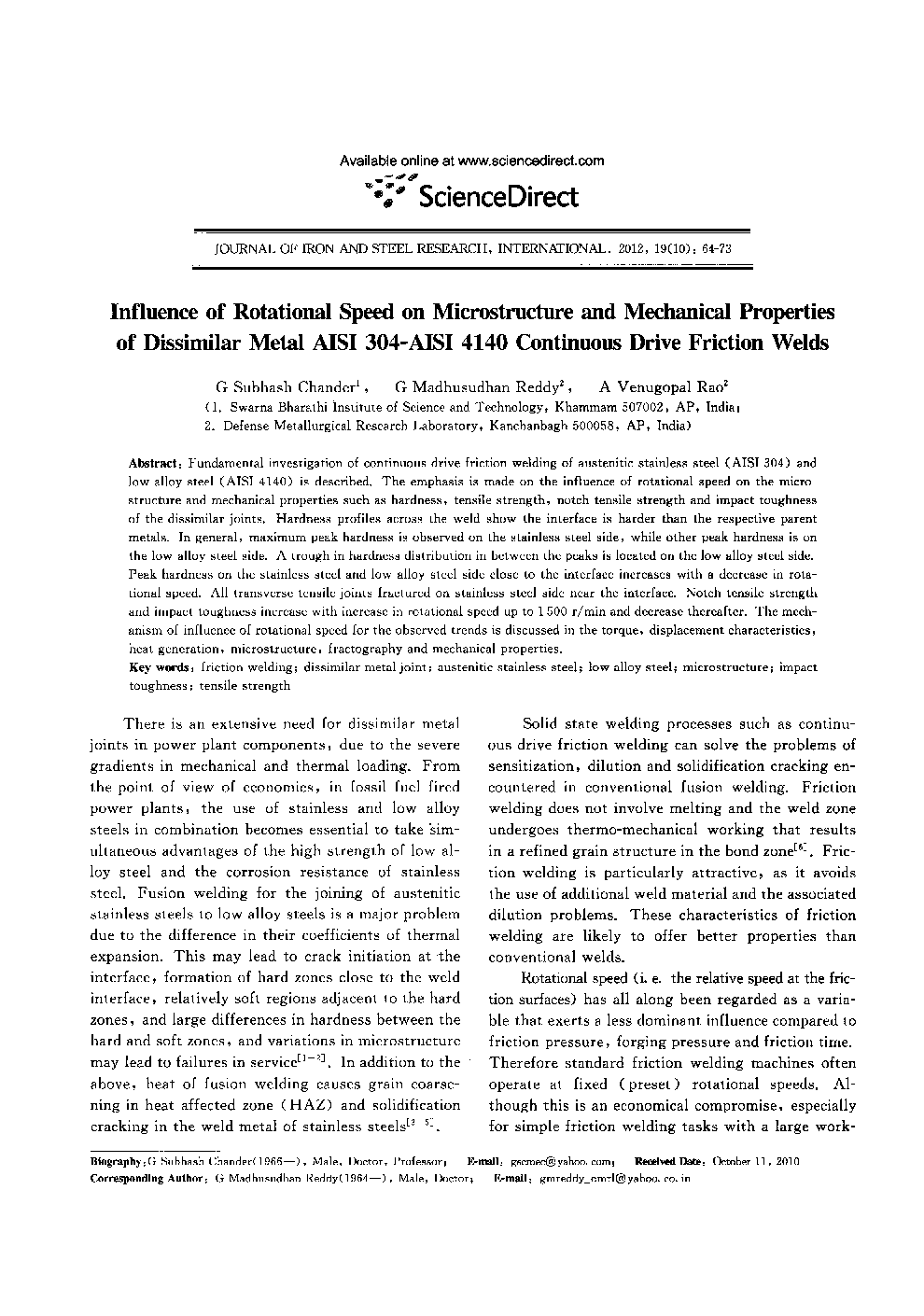 عکس صفحه اول مقاله: Influence of Rotational Speed on Microstructure and Mechanical Properties of Dissimilar Metal AISI 304-AISI 4140 Continuous Drive Friction Welds Influence of Rotational Speed on Microstructure and Mechanical Properties of Dissimilar Metal AISI 304-AISI 4140 Continuous Drive Friction Welds