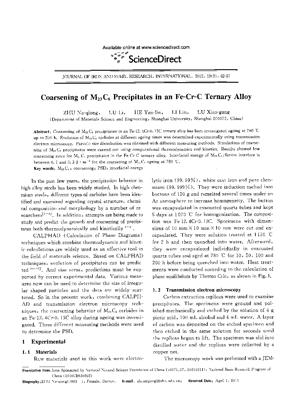 Coarsening of M23C6 Precipitates in an Fe-Cr-C Ternary Alloy 