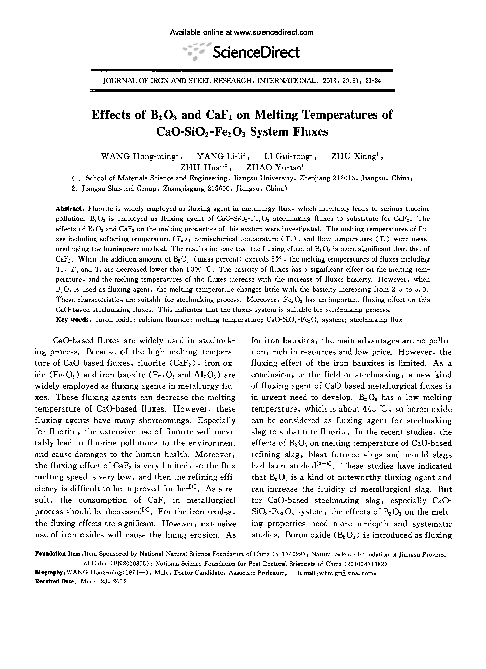 Effects of B2O3 and CaF2 on Melting Temperatures of CaO-SiO2-Fe2O3 System Fluxes 