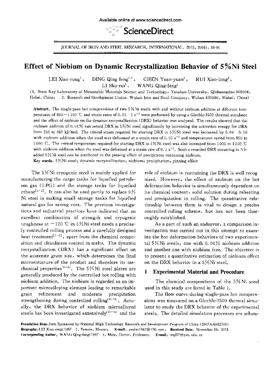 Effect of Niobium on Dynamic Recrystallization Behavior of 5% Ni Steel 