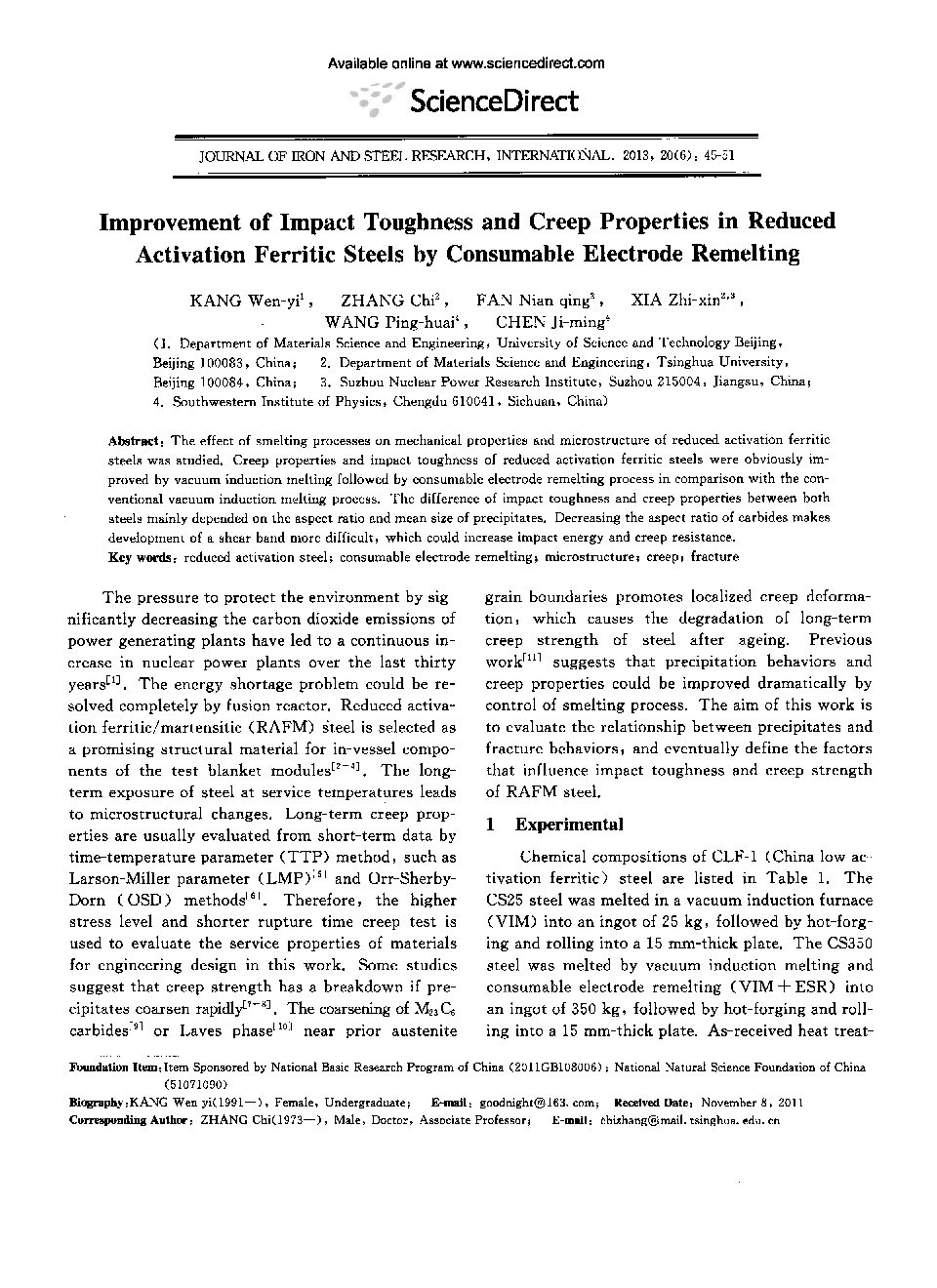 Improvement of Impact Toughness and Creep Properties in Reduced Activation Ferritic Steels by Consumable Electrode Remelting 