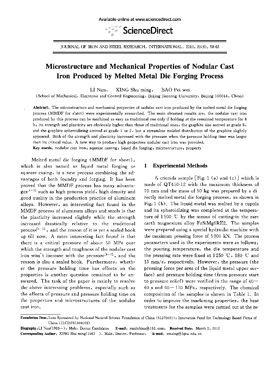 Microstructure and Mechanical Properties of Nodular Cast Iron Produced by Melted Metal Die Forging Process 