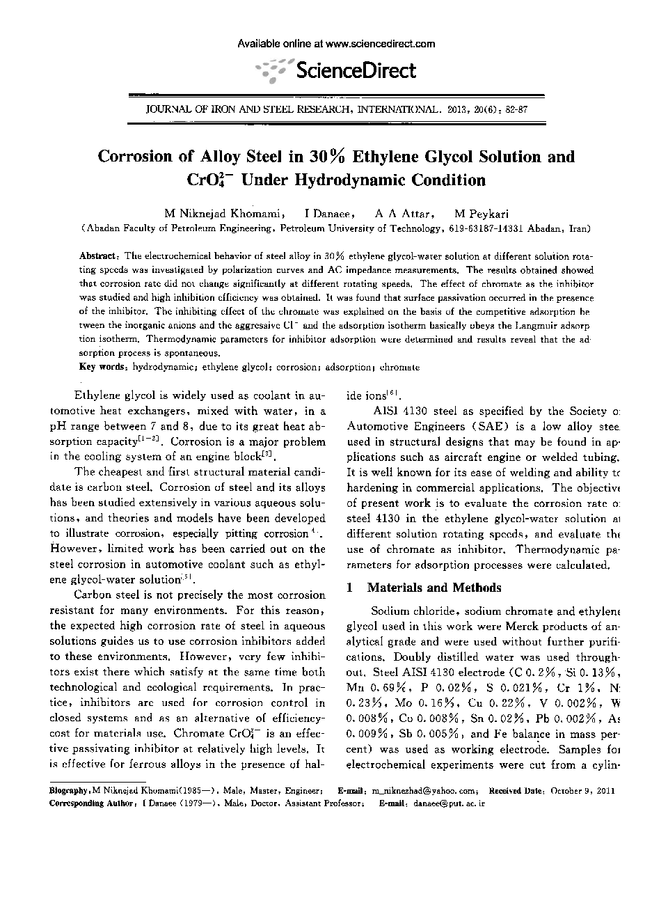 Corrosion of Alloy Steel in 30% Ethylene Glycol Solution and CrO24 Under Hydrodynamic Condition