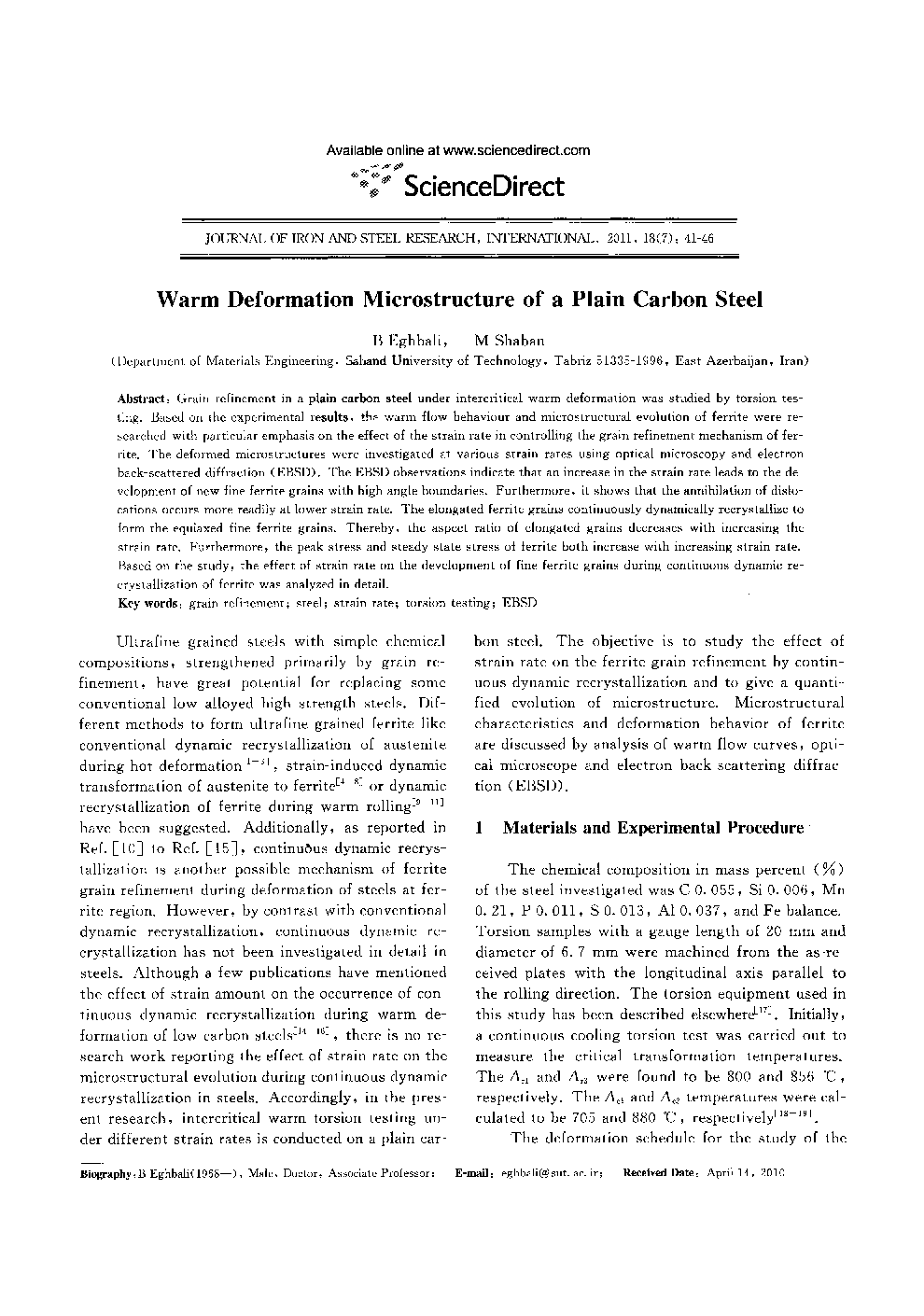 عکس صفحه اول مقاله: Warm Deformation Microstructure of a Plain Carbon Steel Warm Deformation Microstructure of a Plain Carbon Steel