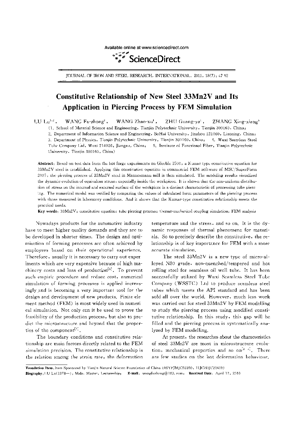 عکس صفحه اول مقاله: Constitutive Relationship of New Steel 33Mn2V and Its Application in Piercing Process by FEM Simulation Constitutive Relationship of New Steel 33Mn2V and Its Application in Piercing Process by FEM Simulation