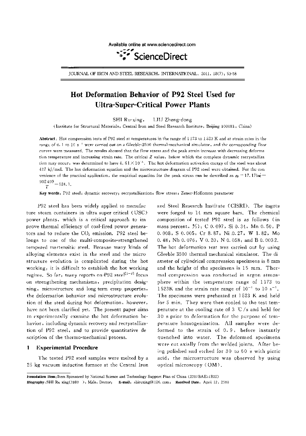 عکس صفحه اول مقاله: Hot Deformation Behavior of P92 Steel Used for Ultra-Super-Critical Power Plants Hot Deformation Behavior of P92 Steel Used for Ultra-Super-Critical Power Plants