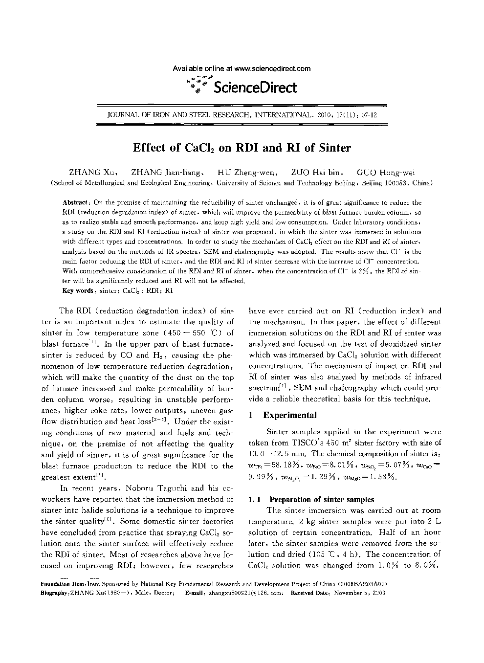Effect of CaCl2 on RDI and RI of Sinter 