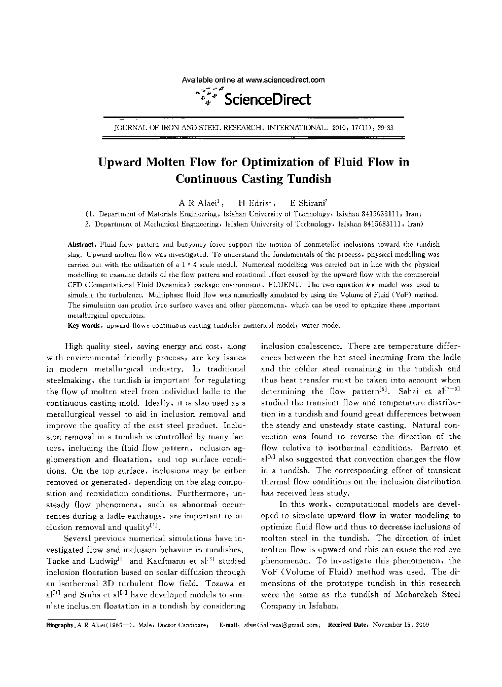 Upward Molten Flow for Optimization of Fluid Flow in Continuous Casting Tundish