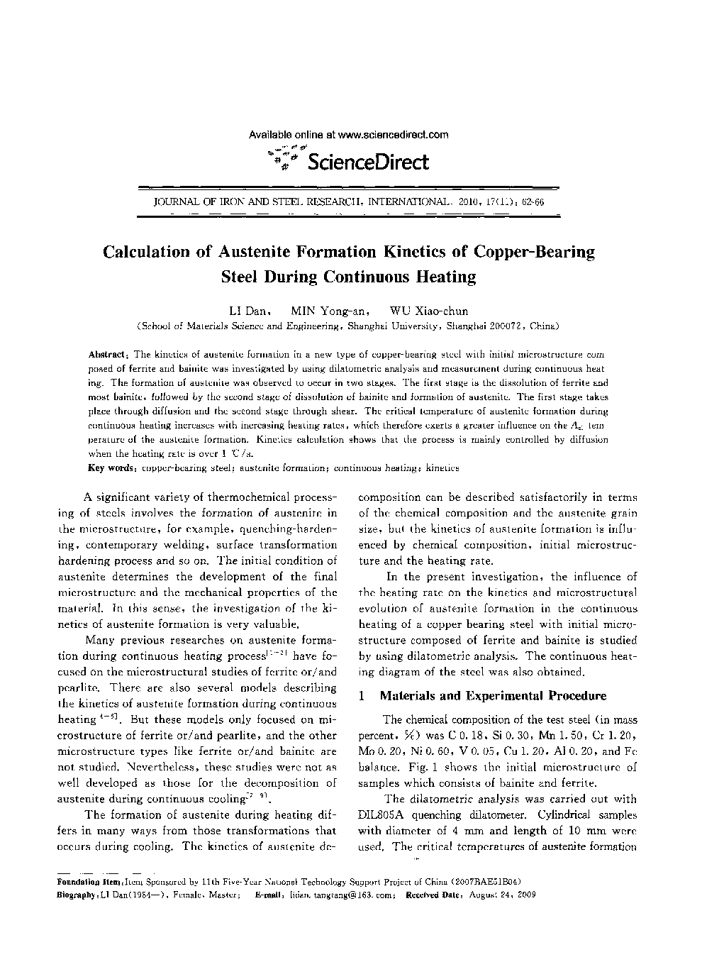 Calculation of Austenite Formation Kinetics of Copper-Bearing Steel During Continuous Heating 