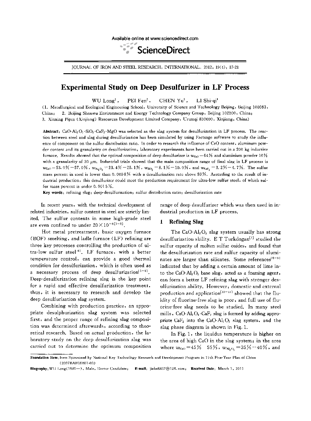 عکس صفحه اول مقاله: Experimental Study on Deep Desulfurizer in LF Process Experimental Study on Deep Desulfurizer in LF Process